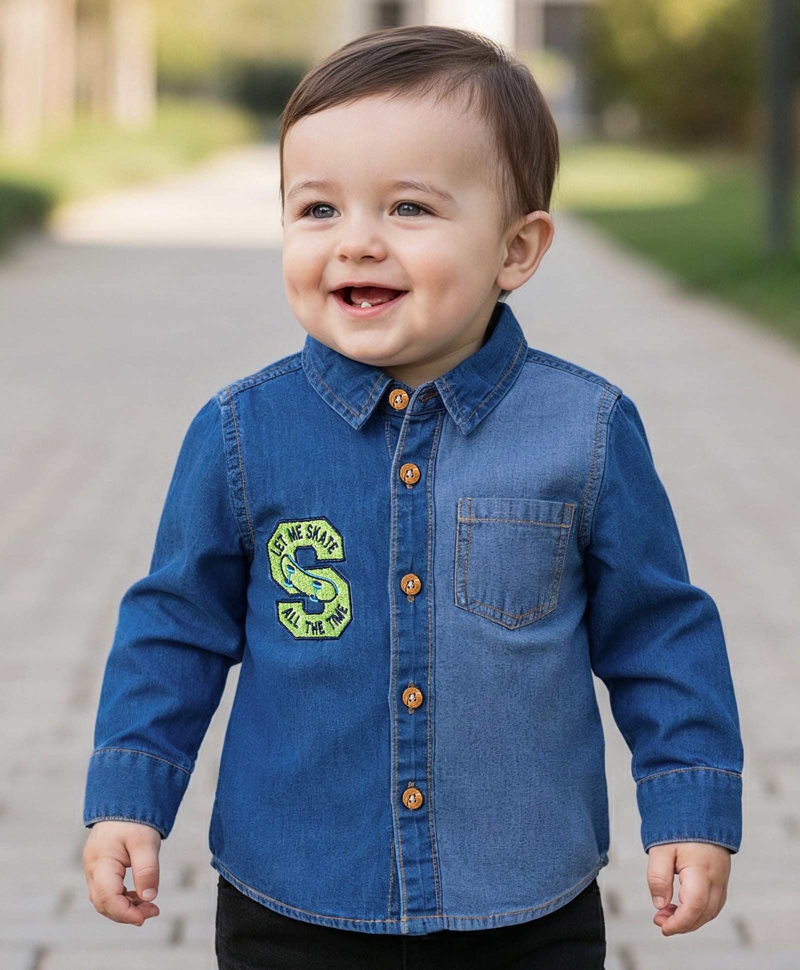 Babyoye 100% Cotton Full Sleeves Denim Shirt With Text Print - Blue-image-23