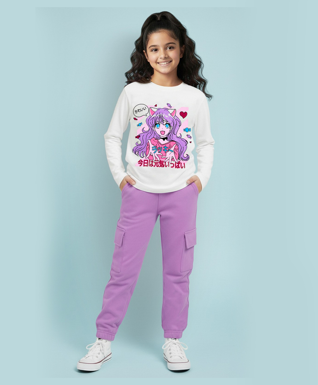 Trampoline Cotton Blend Knit Full Sleeves Cute Girl Printed Tee & Joggers Set - White & Purple-picture-31
