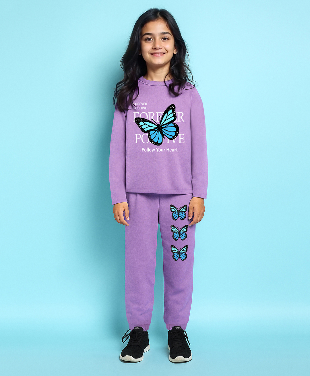 Trampoline Cotton Blend Knit Full Sleeves Love Text & Butterfly Printed Tee & Joggers Set - Purple-picture-27