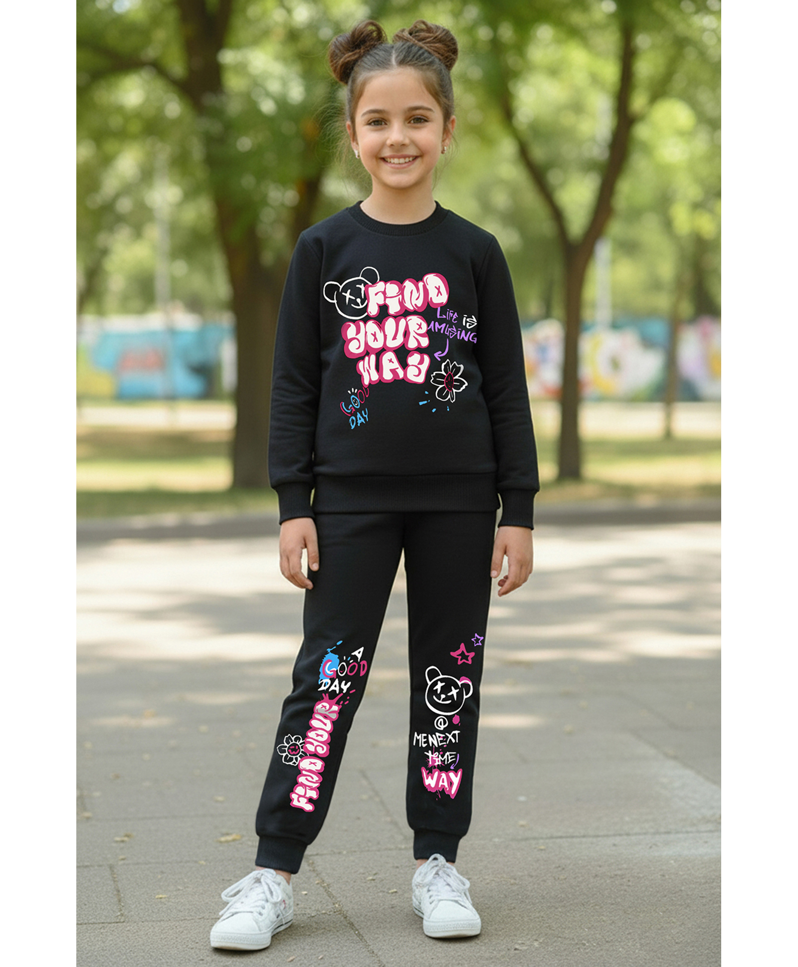 Trampoline Cotton Knit Full Sleeves Find Your Way Text Printed Tee & Joggers Set - Black-image-39