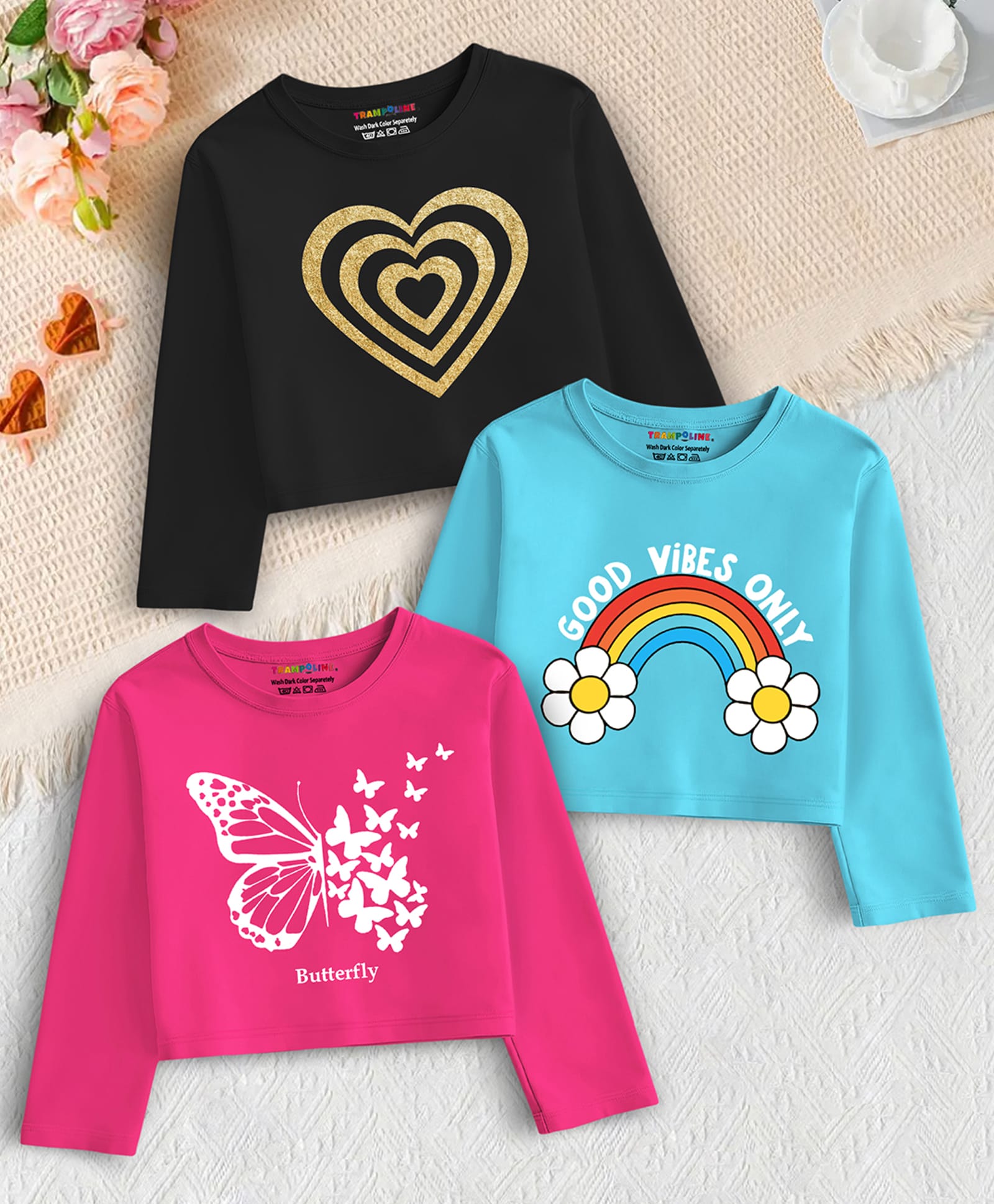 Trampoline Cotton Blend Knit Pack Of 3 Full Sleeves Butterfly & Heart Printed Tops - Multi Colour-picture-37
