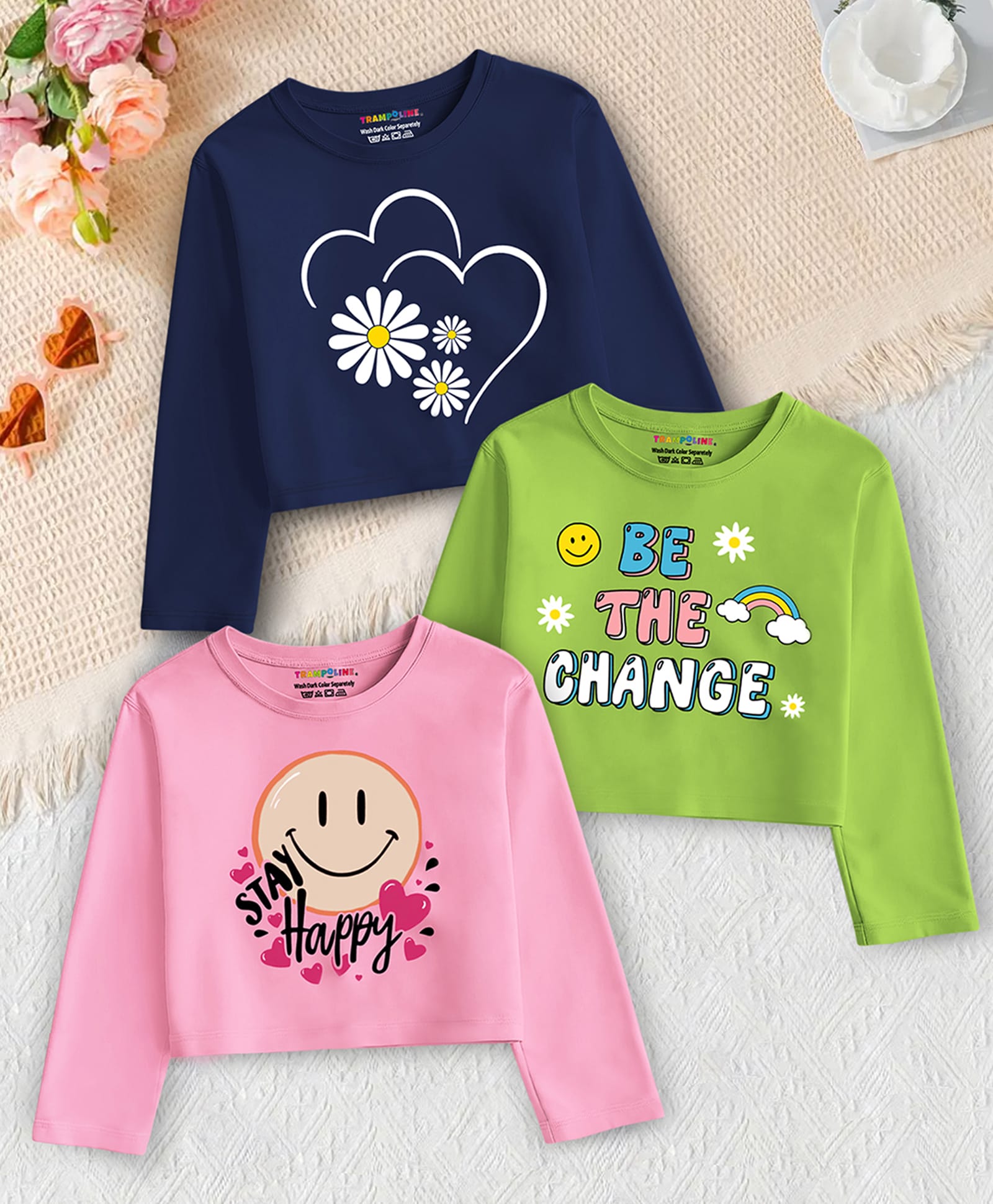 Trampoline Cotton Blend Knit Pack Of 3 Full Sleeves Stay Happy Text & Heart Printed Tops - Multi Colour-picture-38