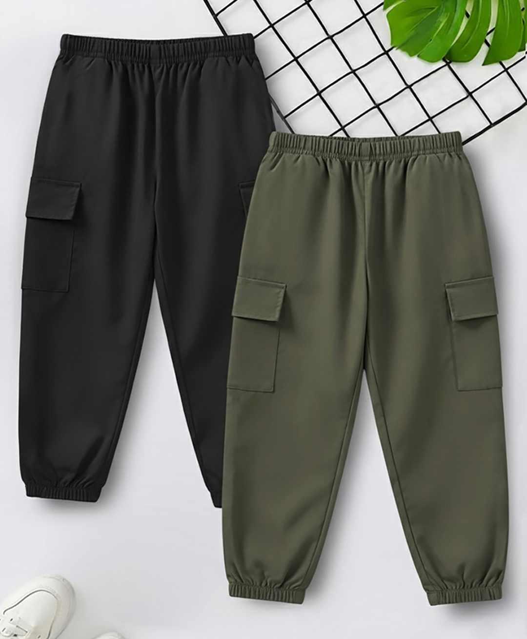 Trampoline Cotton Blend Knit Pack Of 2 Solid Cargo Joggers - Black & Green-picture-31