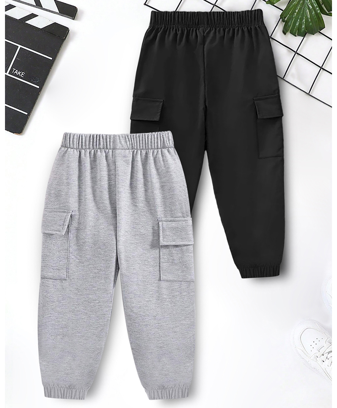 Trampoline Cotton Blend Knit Pack Of 2 Solid Cargo Joggers - Black & Grey-image-42