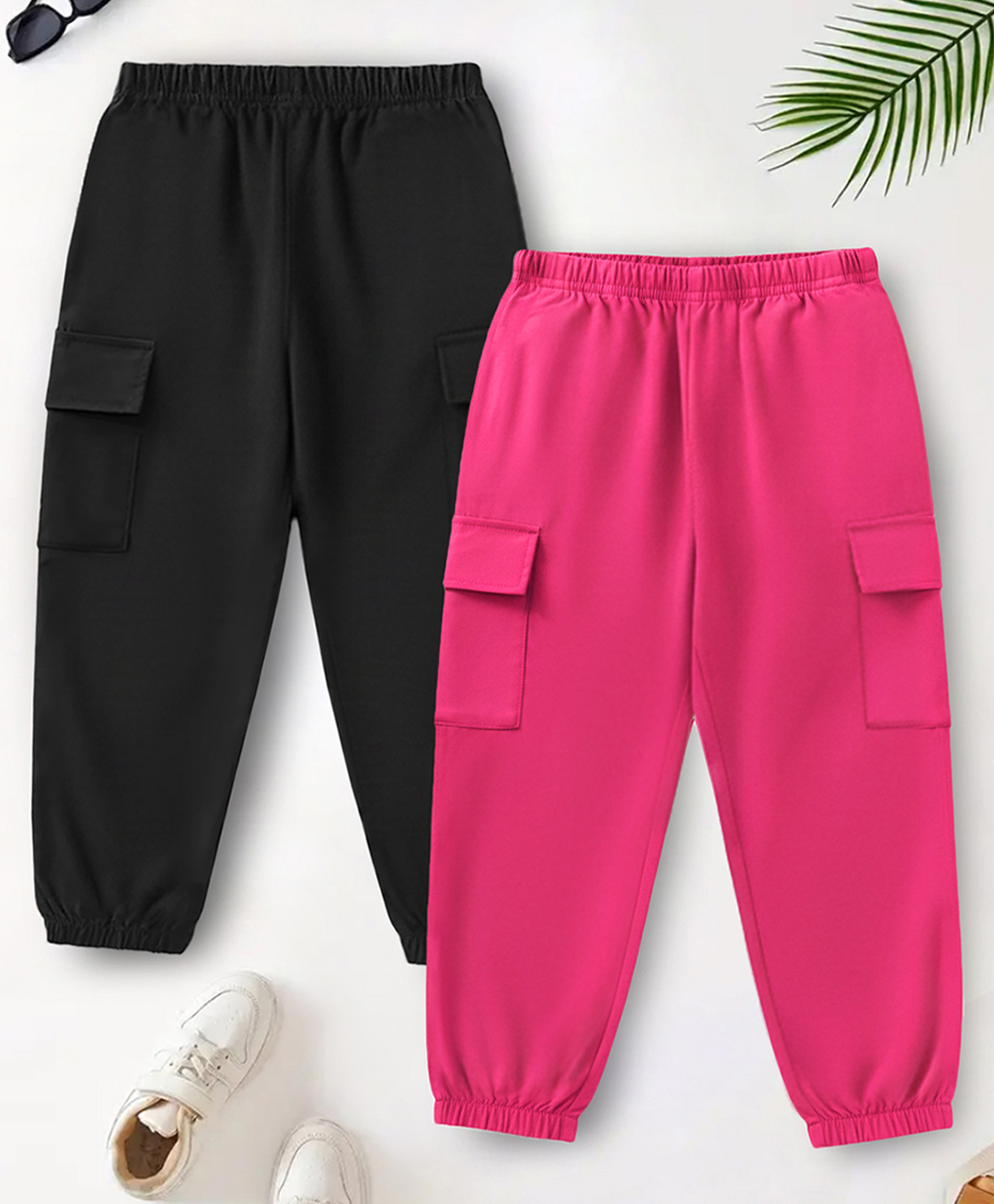 Trampoline Cotton Blend Knit Pack Of 2 Solid Cargo Joggers - Black & Pink-image-19