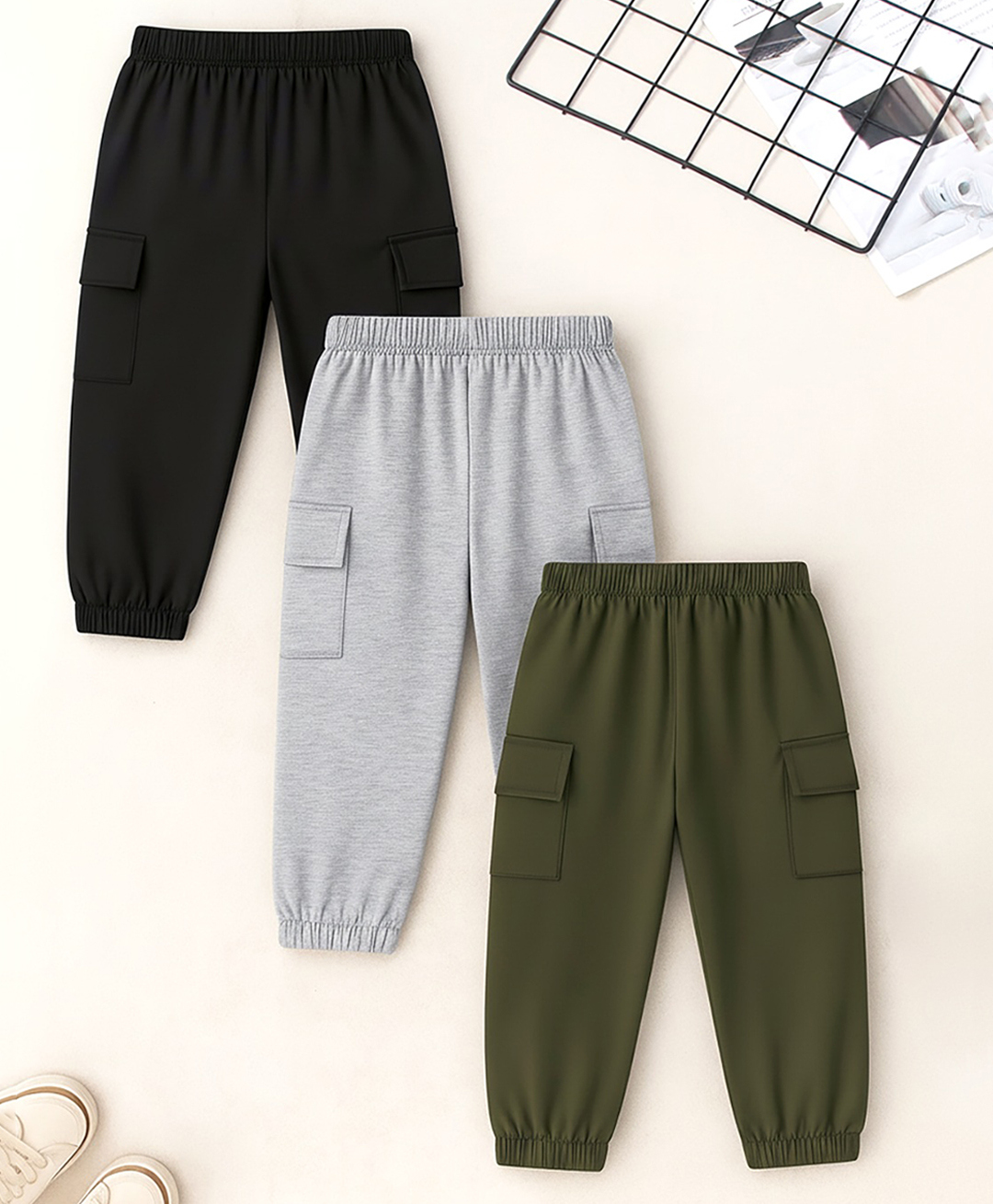 Trampoline Cotton Blend Knit Pack Of 3 Solid Cargo Joggers - Black Green & Grey