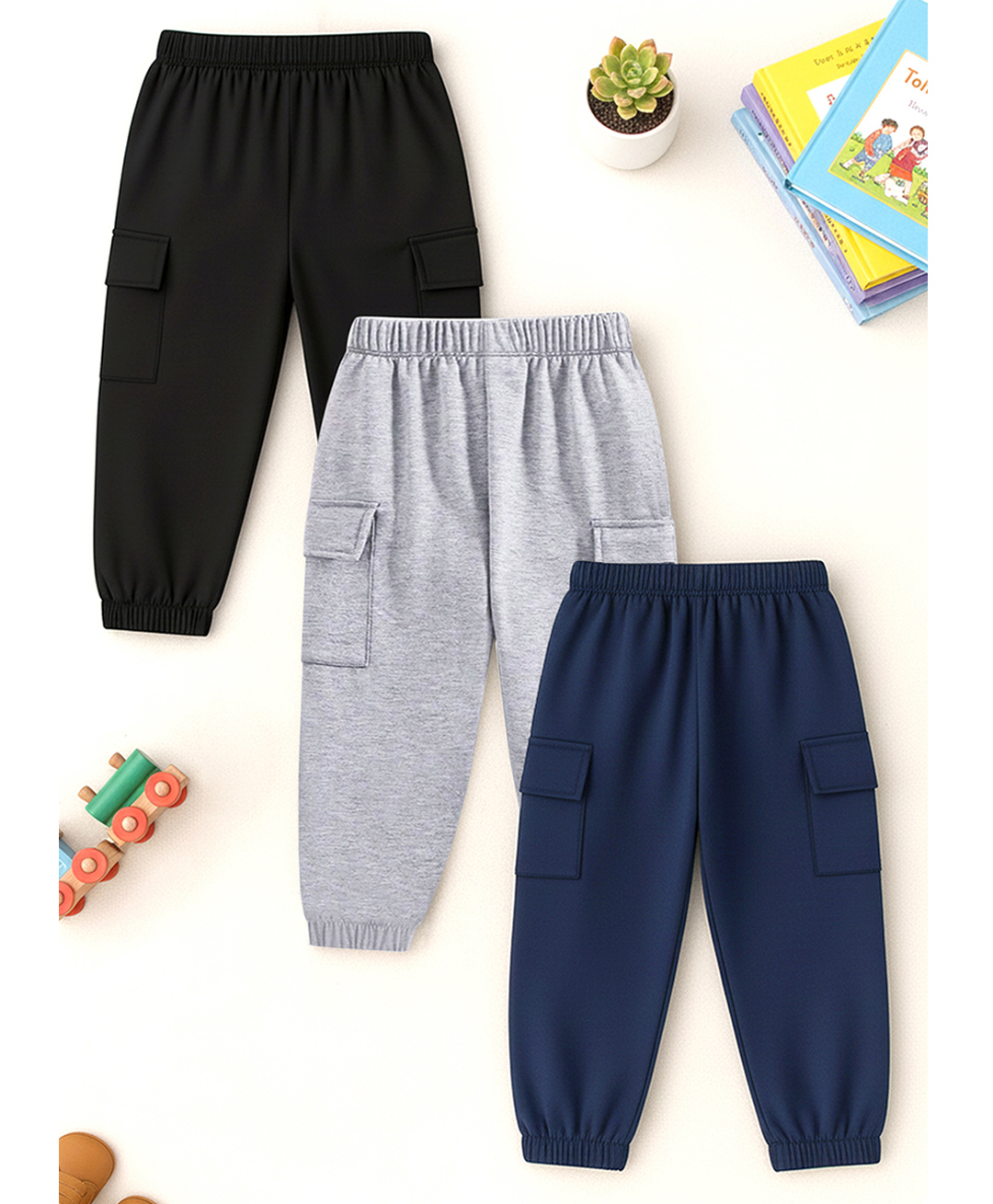 Trampoline Cotton Blend Knit Pack Of 3 Solid Cargo Joggers - Black Blue & Grey