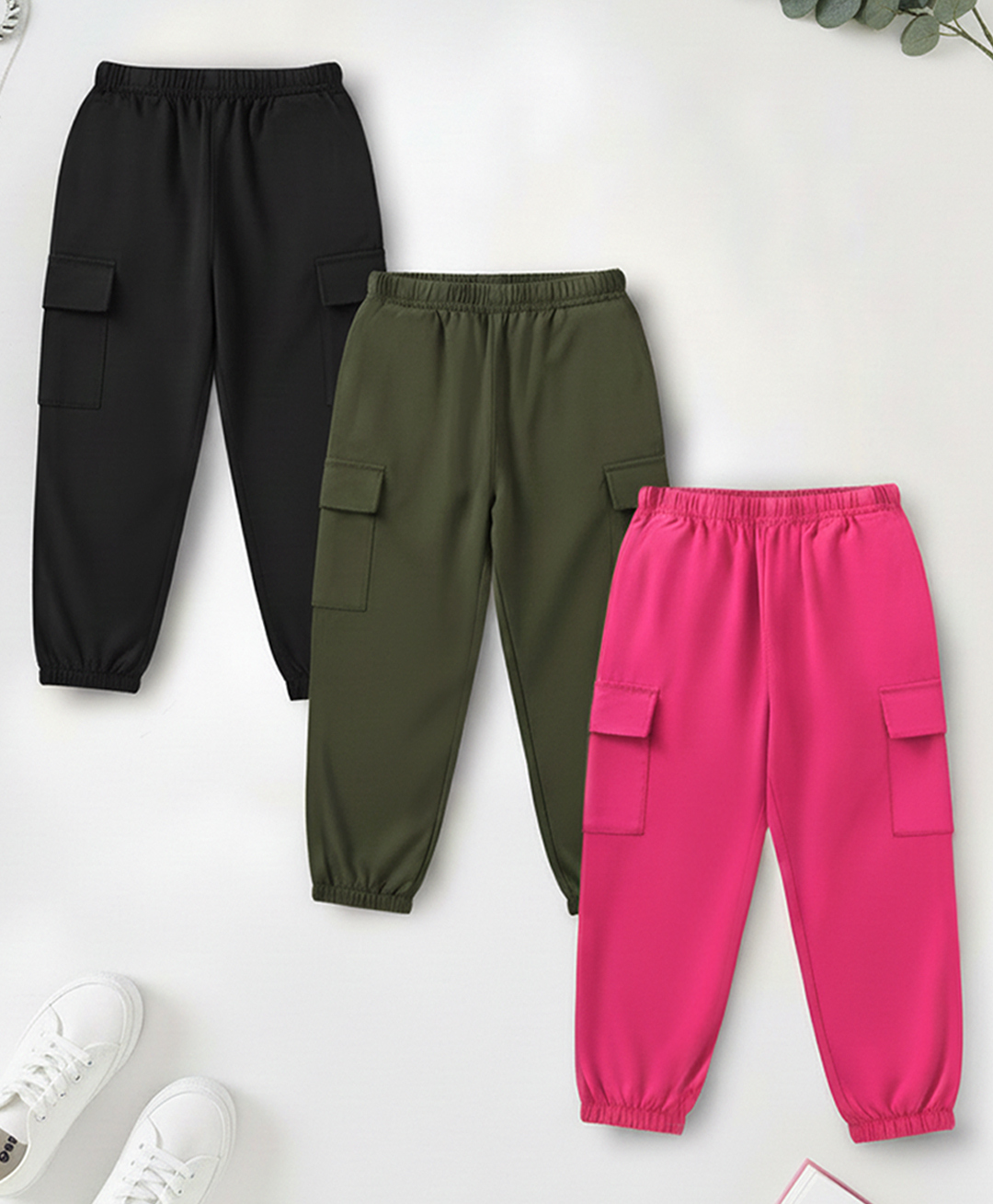 Trampoline Cotton Blend Knit Pack Of 3 Solid Cargo Joggers - Black Pink & Green-picture-28
