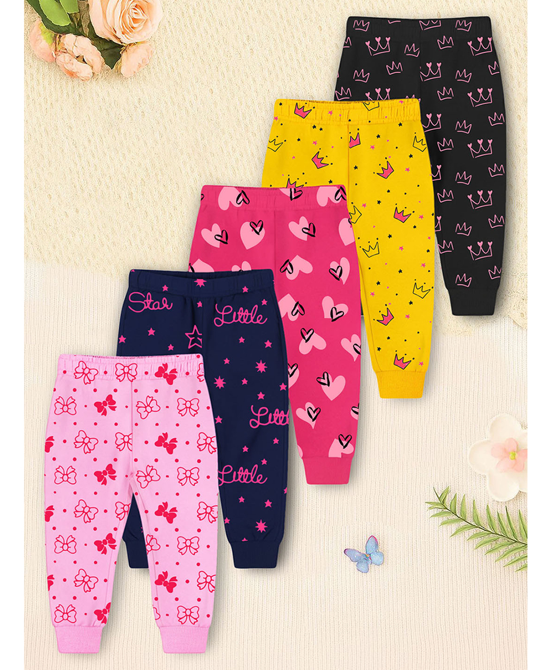 Trampoline Cotton Blend Knit Pack Of 5 Crown & Hearts Printed Pajamas - Multi Colour-picture-22