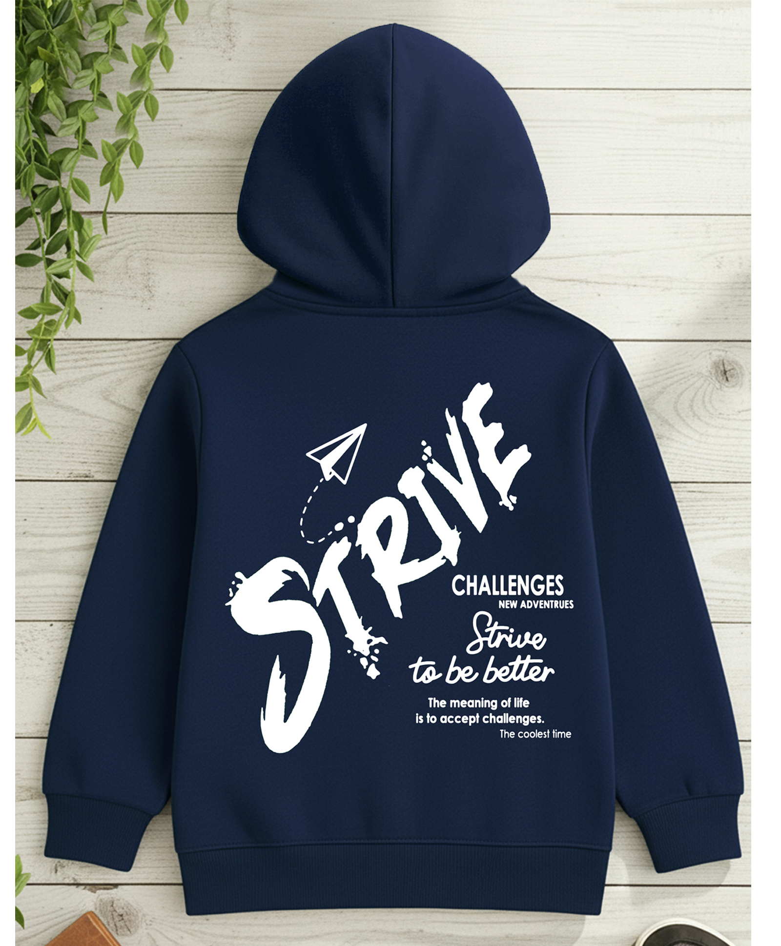 Trampoline Fleece Knit Full Sleeves Strive Text Back Printed Winter Hooded Sweatshirt - Blue-image-32