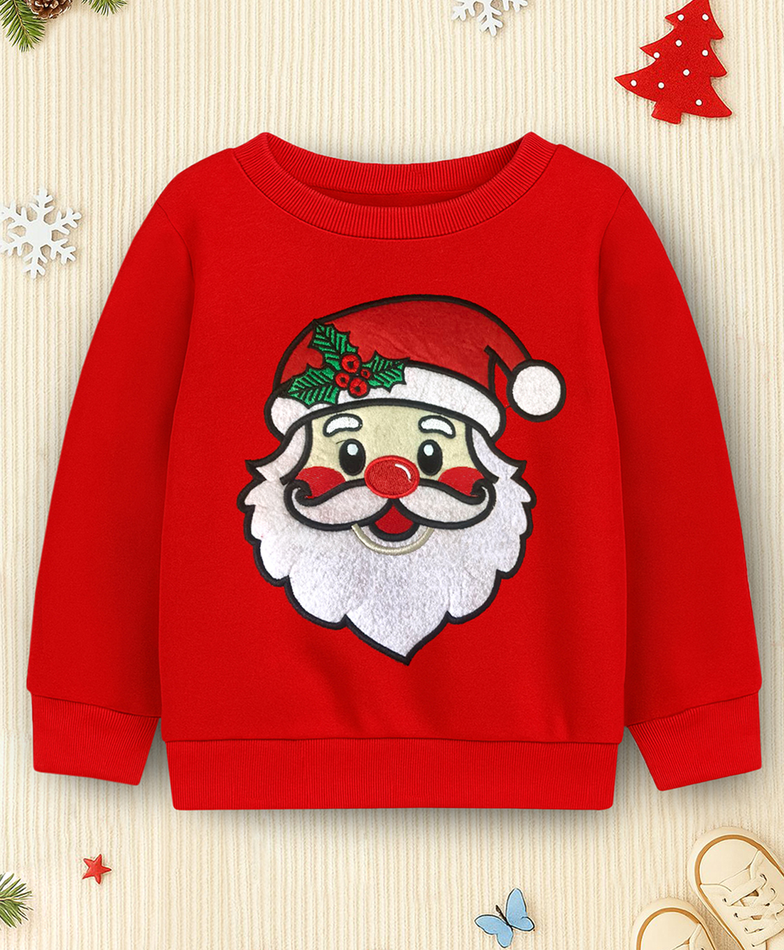 Trampoline Fleece Knit Christmas Theme Full Sleeves Santa Claus Face Patch Embroidered Light Winter Sweatshirt - Red-image-32