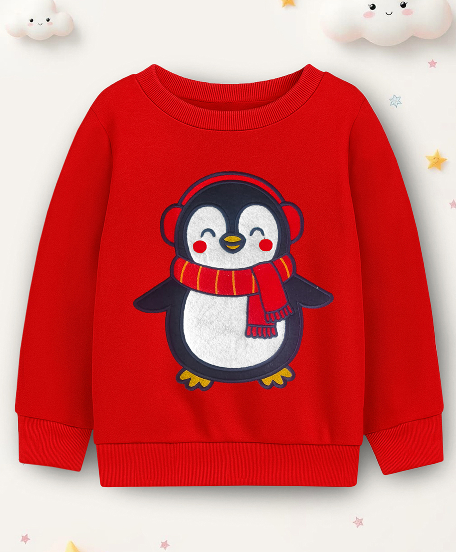 Trampoline Fleece Knit Full Sleeves Penguin Patch Embroidered Light Winter Sweatshirt - Red-image-28