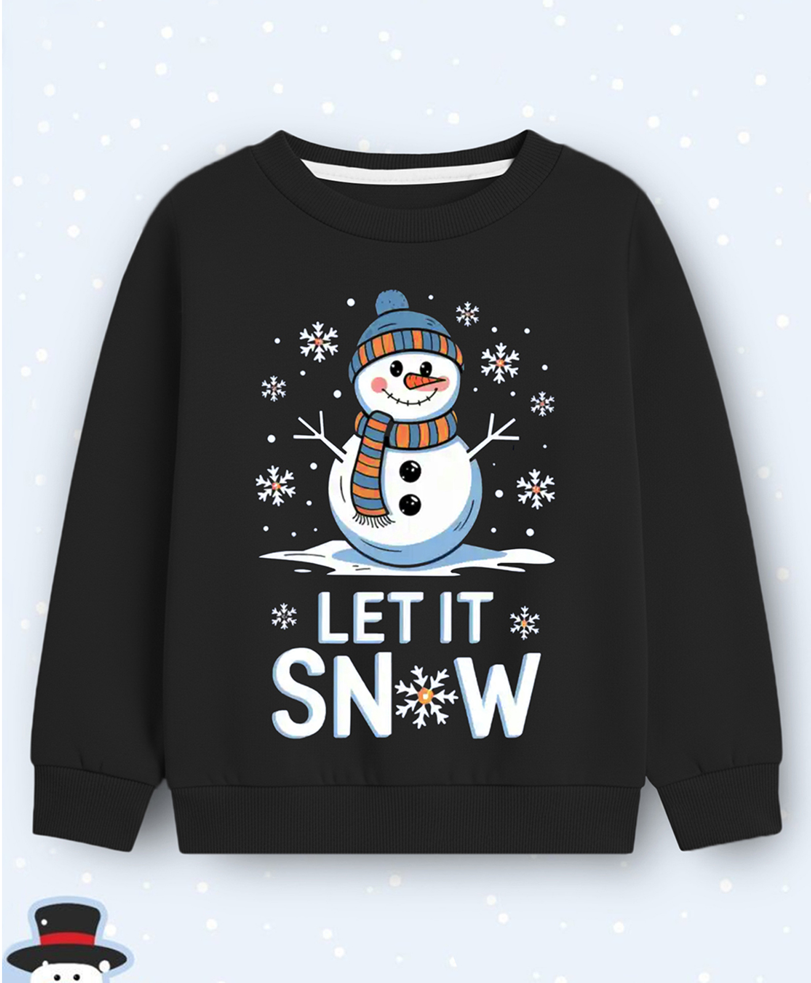 Trampoline Fleece Knit Full Sleeves Snow Man Printed Light Winter Sweatshirt - Black-picture-16