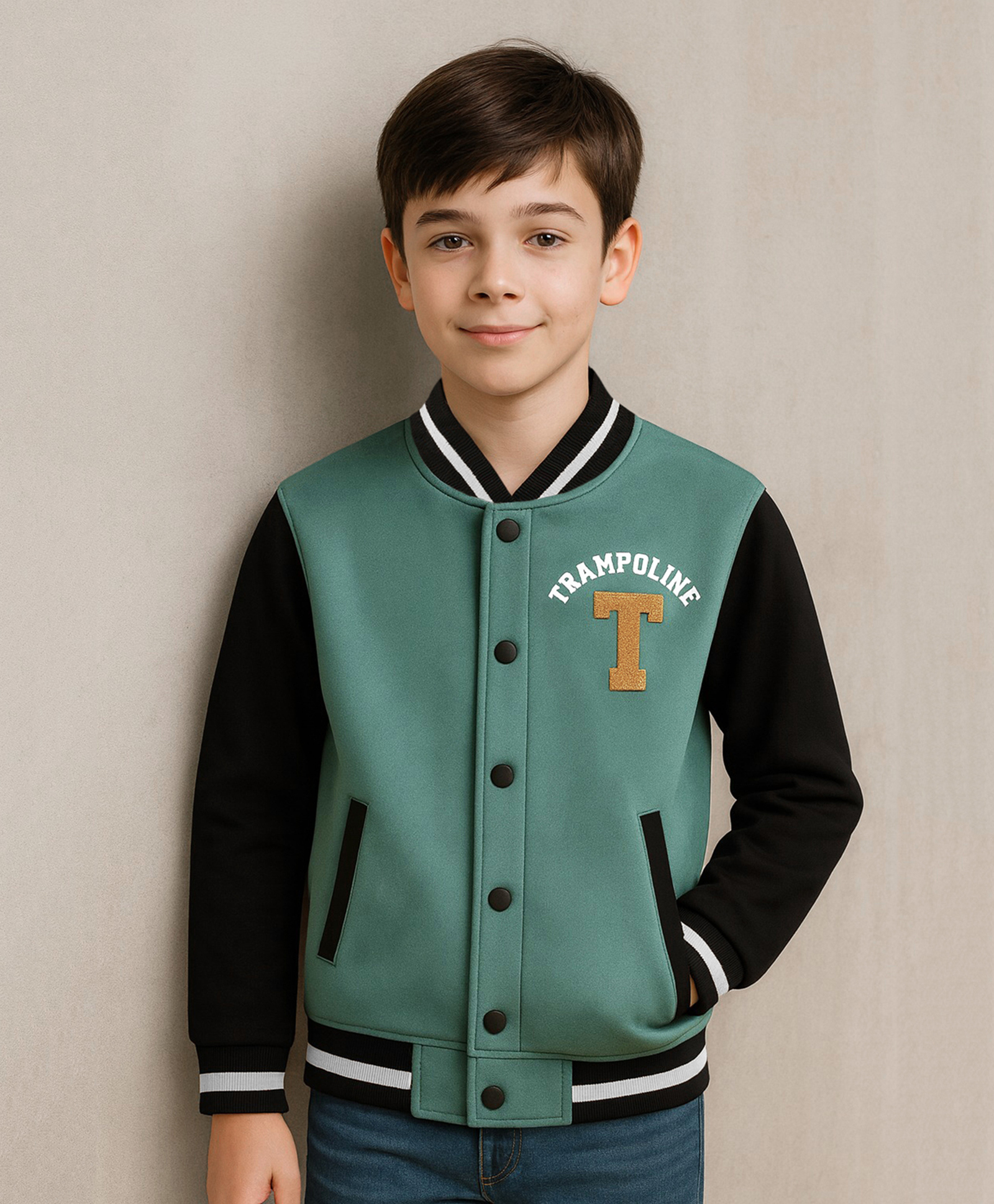 Trampoline Fleece Knit Full Sleeves Brand Name Printed Light Winter Varsity Jacket - Multi Colour-picture-18