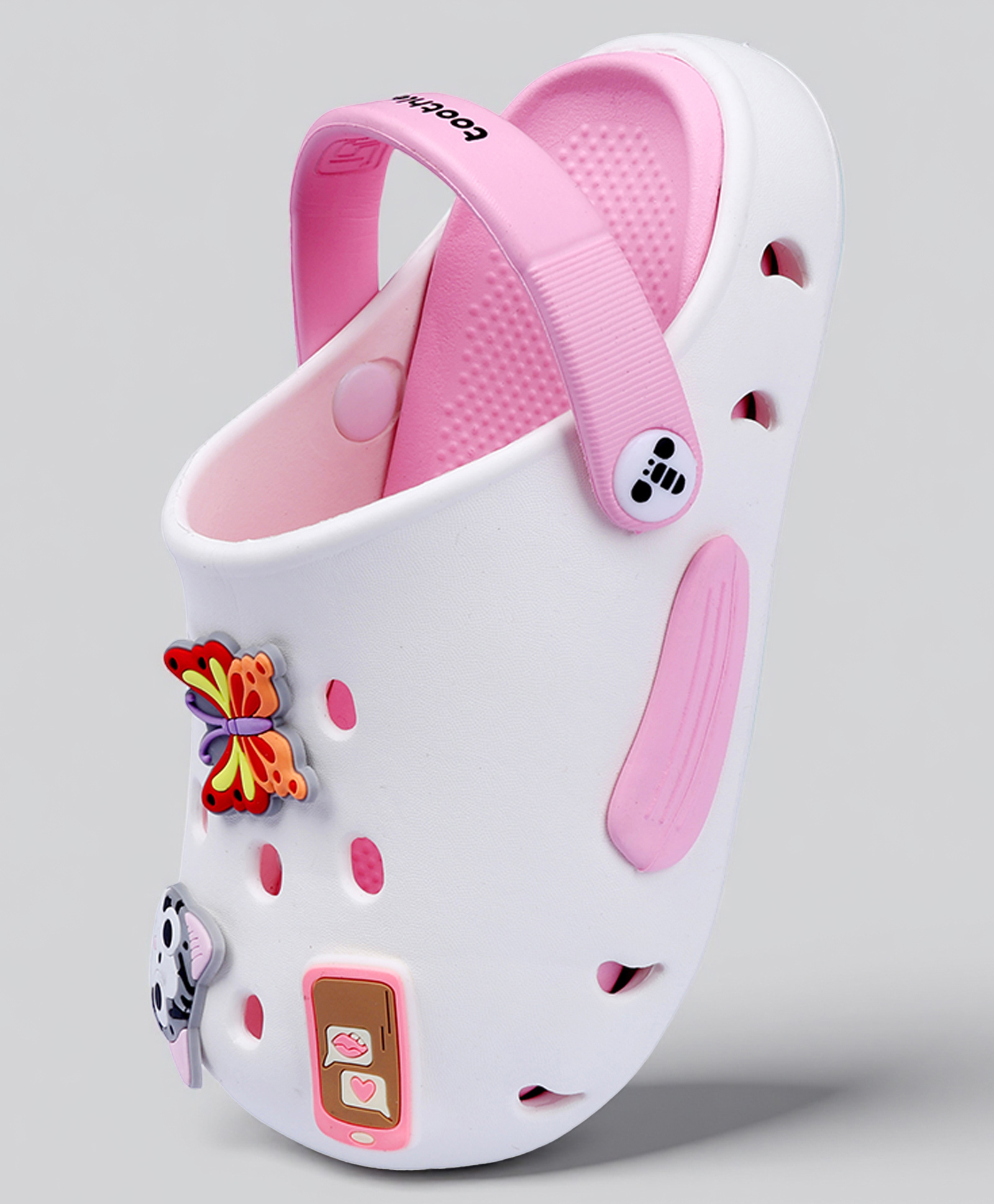 Toothless Cat & Butterfly Applique Detailed Perforated Slingback Clogs - White & Pink-image-20