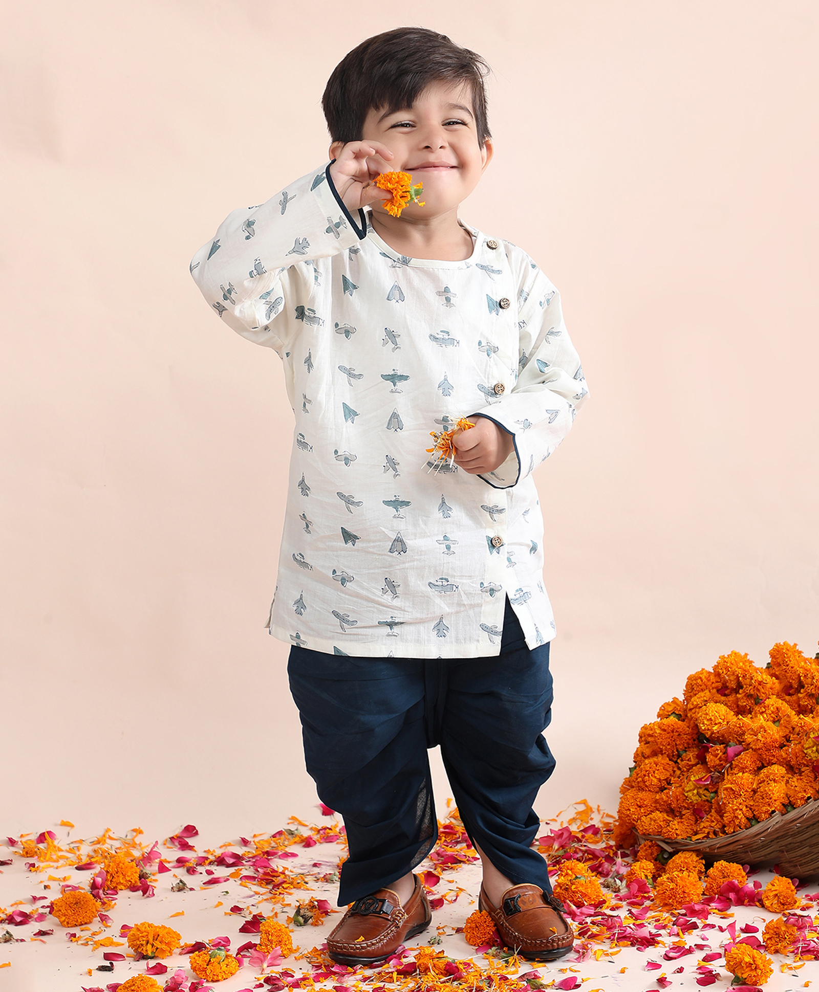 Polka Tots Cotton Woven Full Sleeves Airplane Printed Angrakha Kurta With Dhoti Set - Grey-picture-35