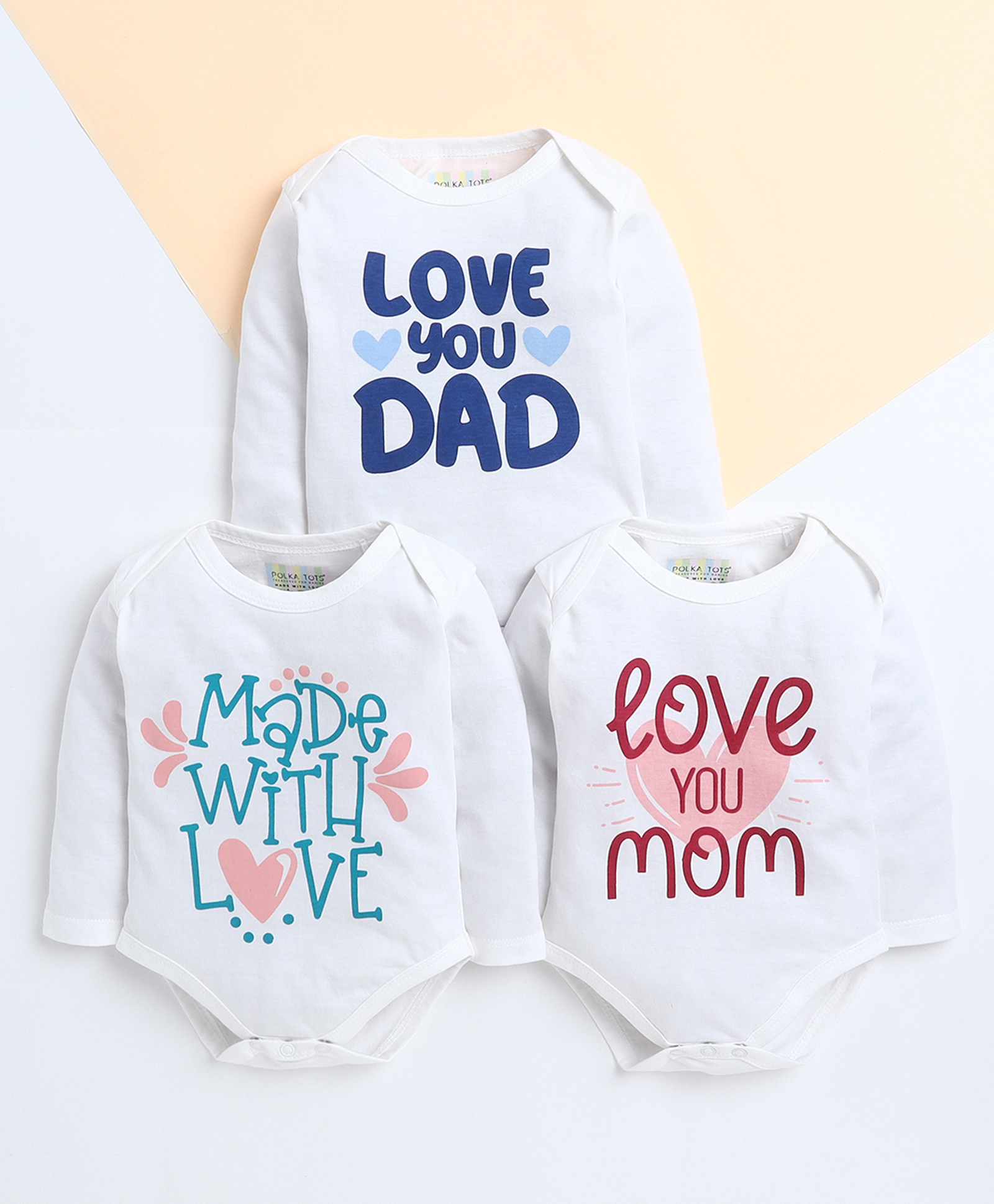 Polka Tots Family Theme Cotton Knit Pack Of 3 Full Sleeves Love You Dad Text Printed Onesie - White-picture-21