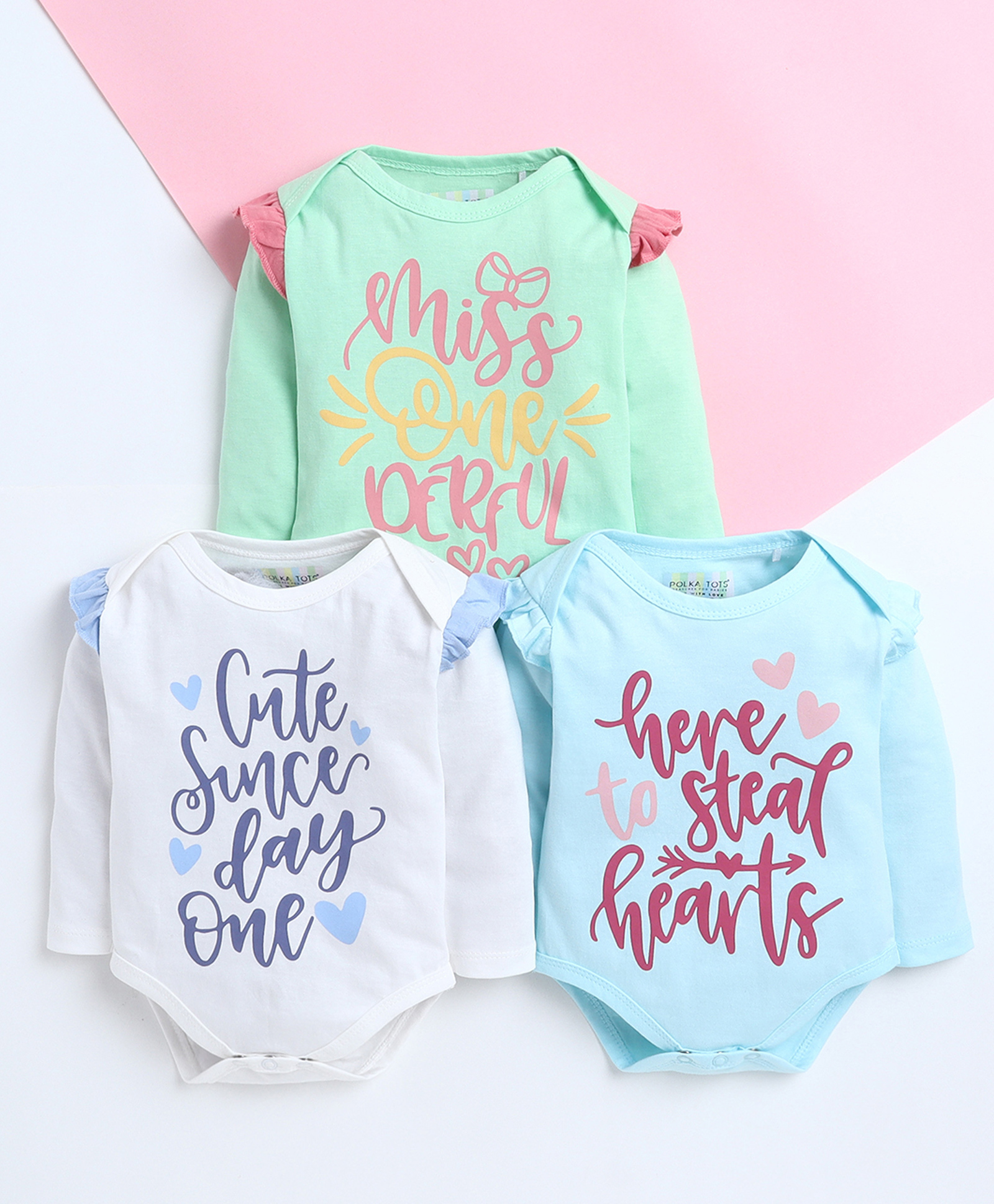 Polka Tots Cotton Knit Pack Of 3 Full Sleeves Here To Steal Hearts Text Printed Onesie - Multi Colour-picture-24