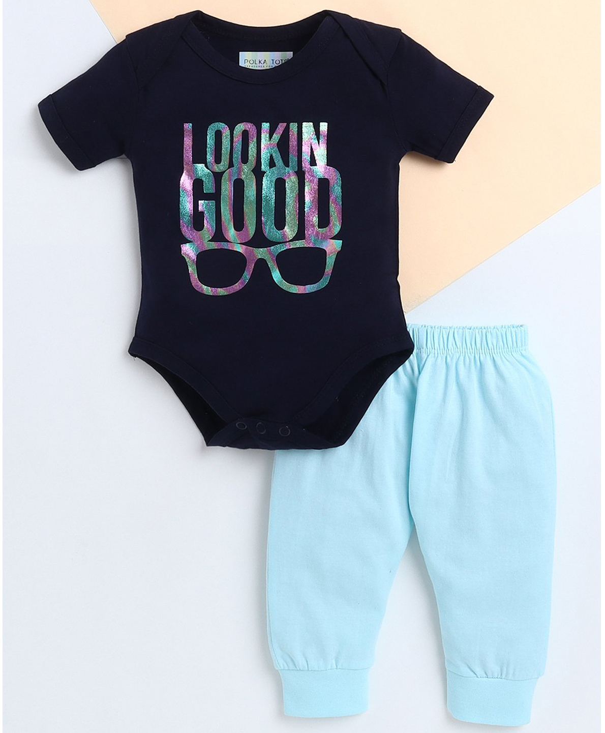 Polka Tots Cotton Knit Half Sleeves Lookin Good Text Printed Onesie & Pajamas Set - Navy Blue-picture-26
