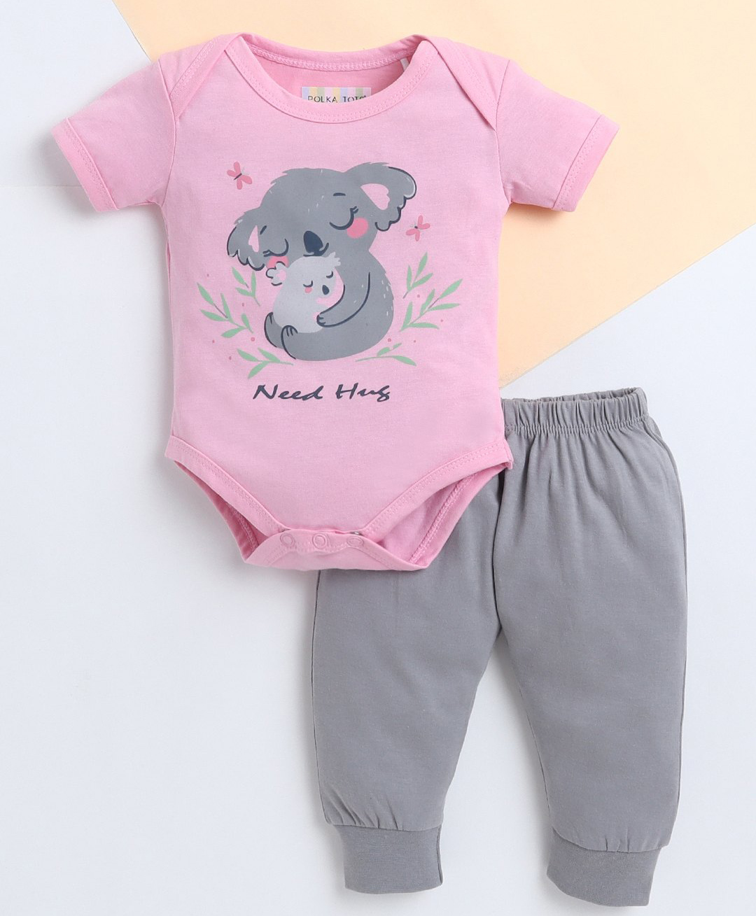 Polka Tots Cotton Knit Half Sleeves Koala & Need Hug Text Printed Onesie & Pajamas Set - Pink-picture-35