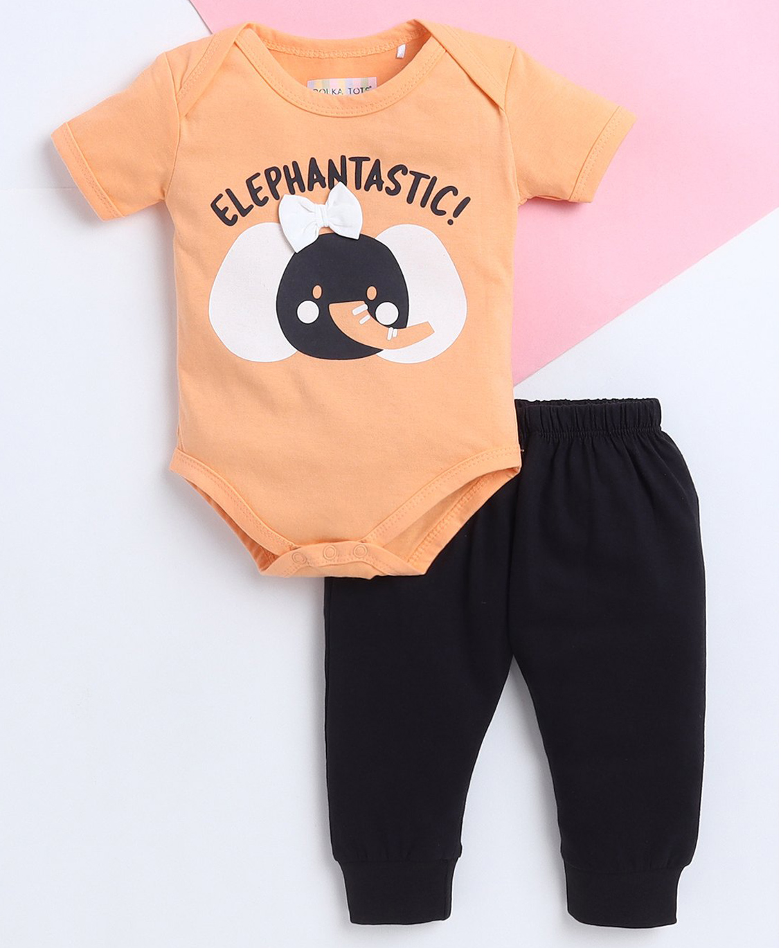 Polka Tots Cotton Knit Half Sleeves Elephantastic Text Printed Onesie & Pajamas Set - Orange-picture-23