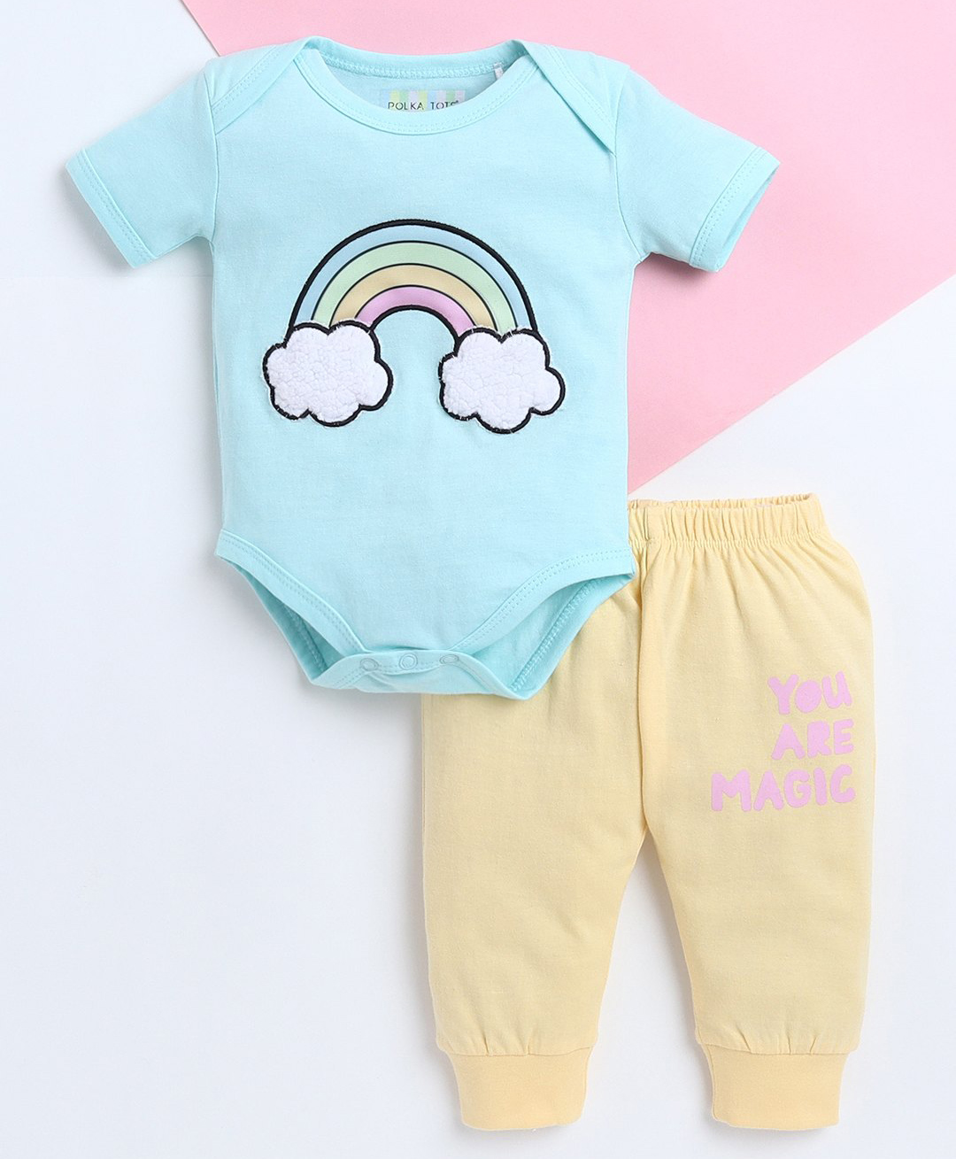 Polka Tots Cotton Knit Half Sleeves Rainbow Printed Onesie & Pajamas Set - Sky Blue-picture-32
