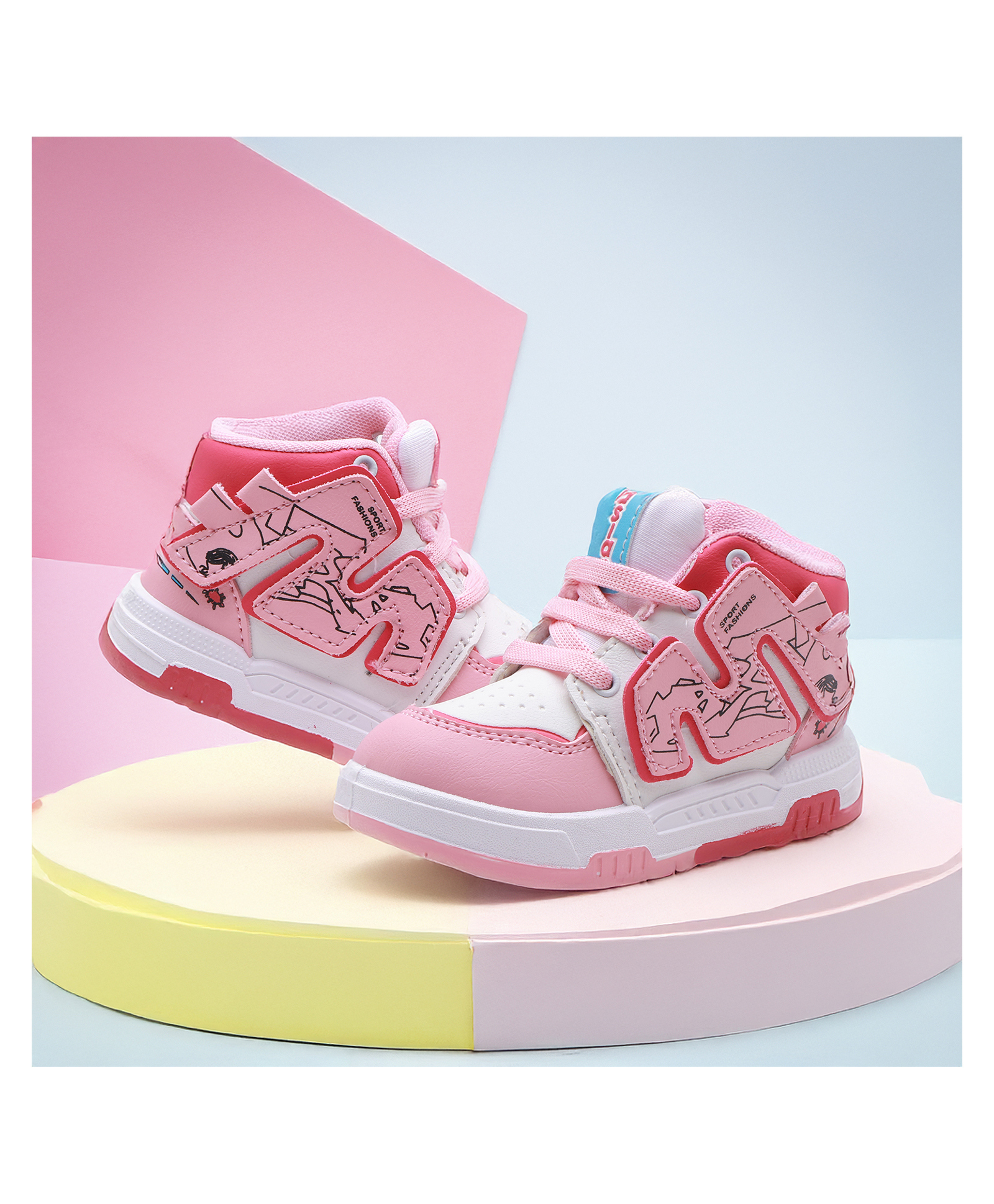asian Abstract Designed Lace Up Shoes - White & Pink-image-26