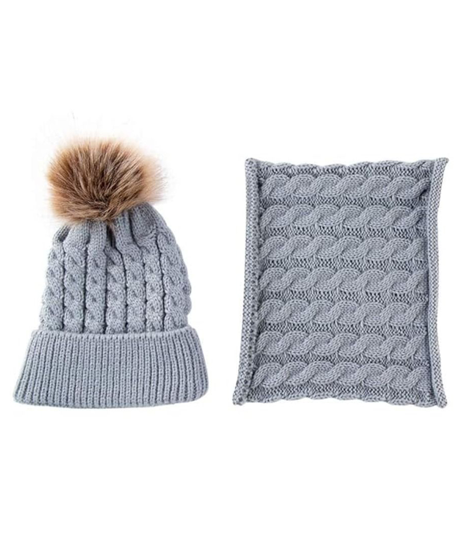 Priaansha Creation Kids Woven Pom Pom Detailed Beanie & Muffler - Gray