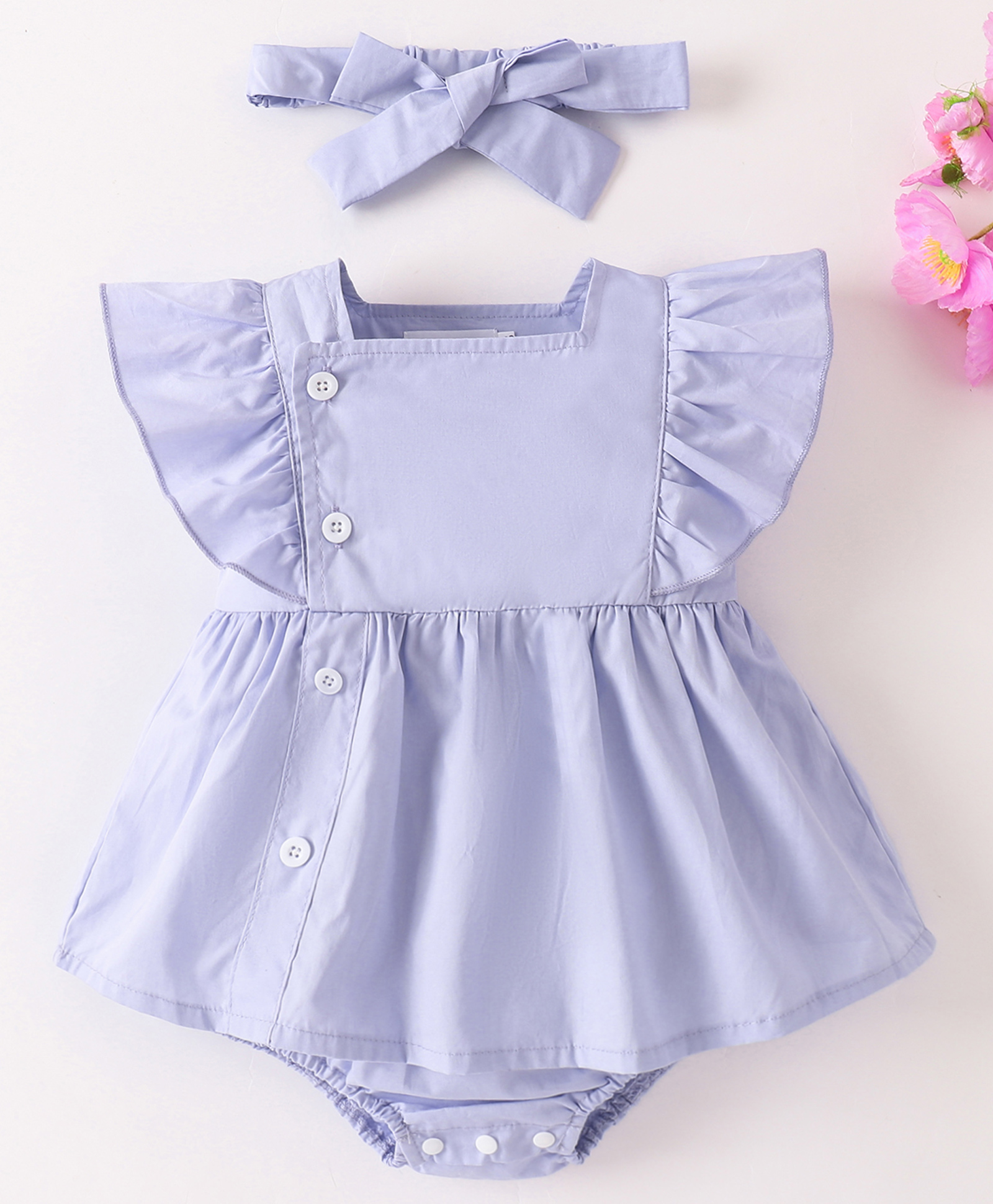 Mark & Mia Cotton Frill Sleeves Solid Color Frock Style Onesie with Headband - Light Blue-image-29