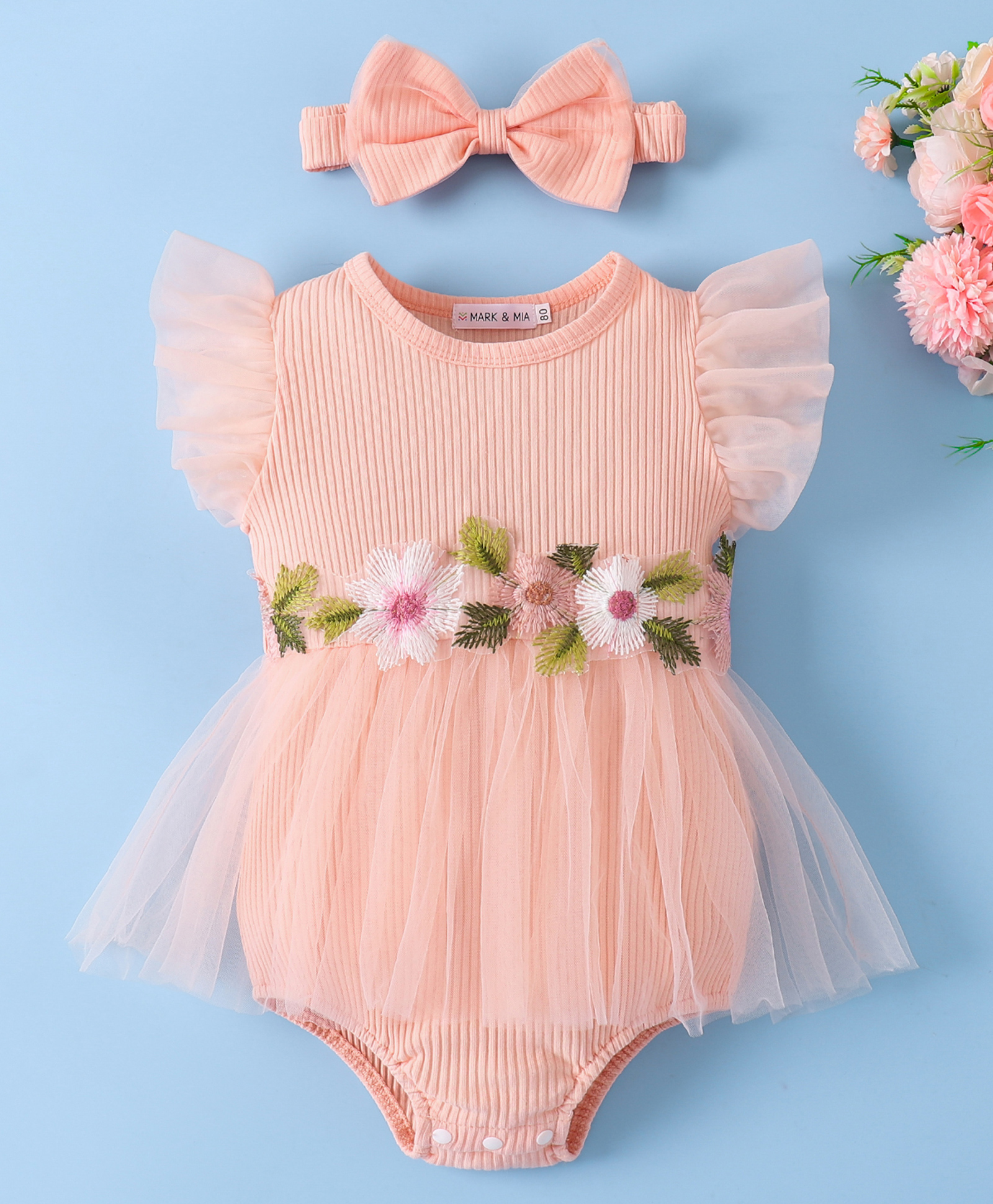 Mark & Mia Frill Sleeves Frock Style Onesie With Floral Applique & Headband - Pink-image-44