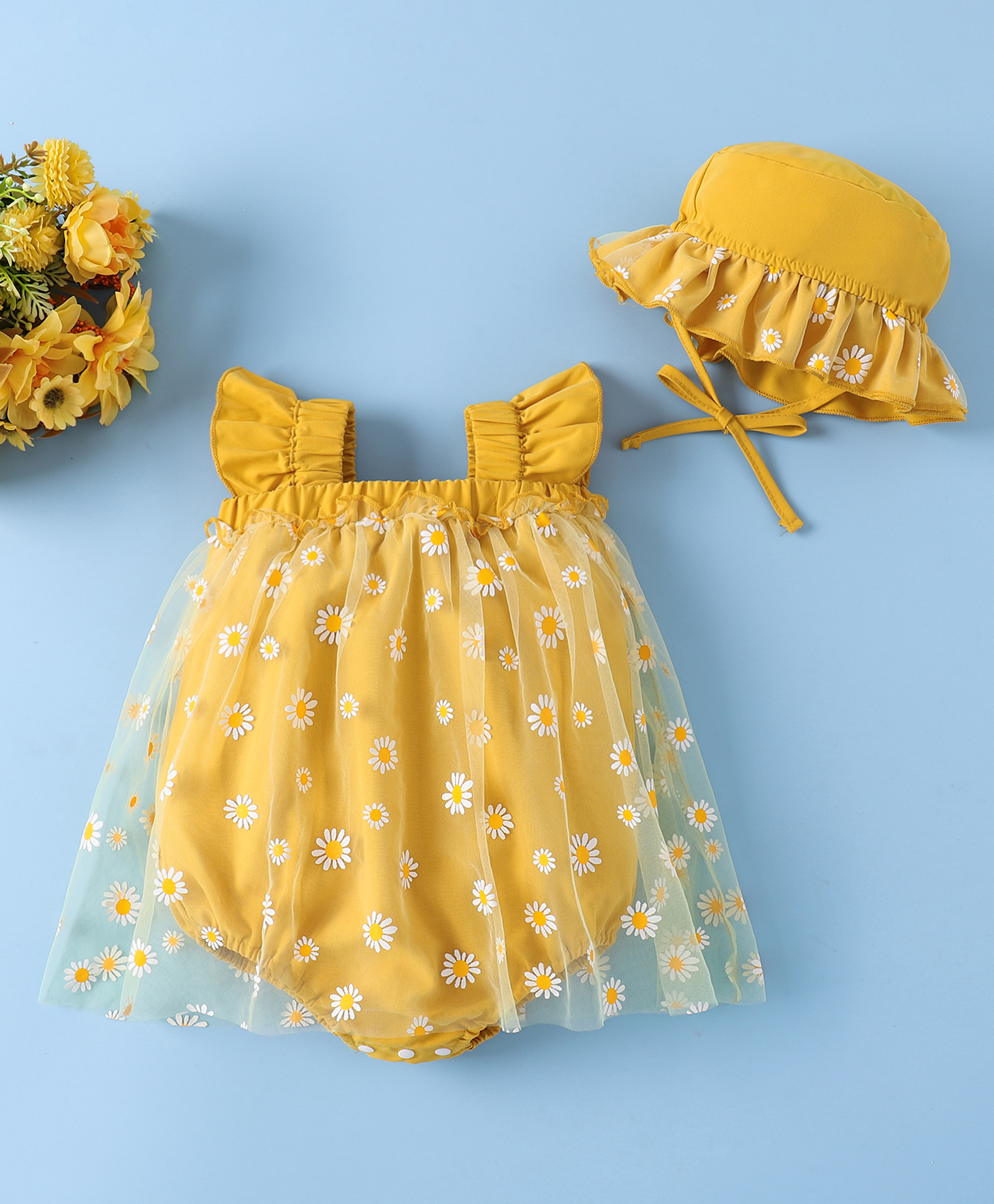 Mark & Mia Frill Sleeves Frock Style Onesie With Floral Print & Cap - Yellow