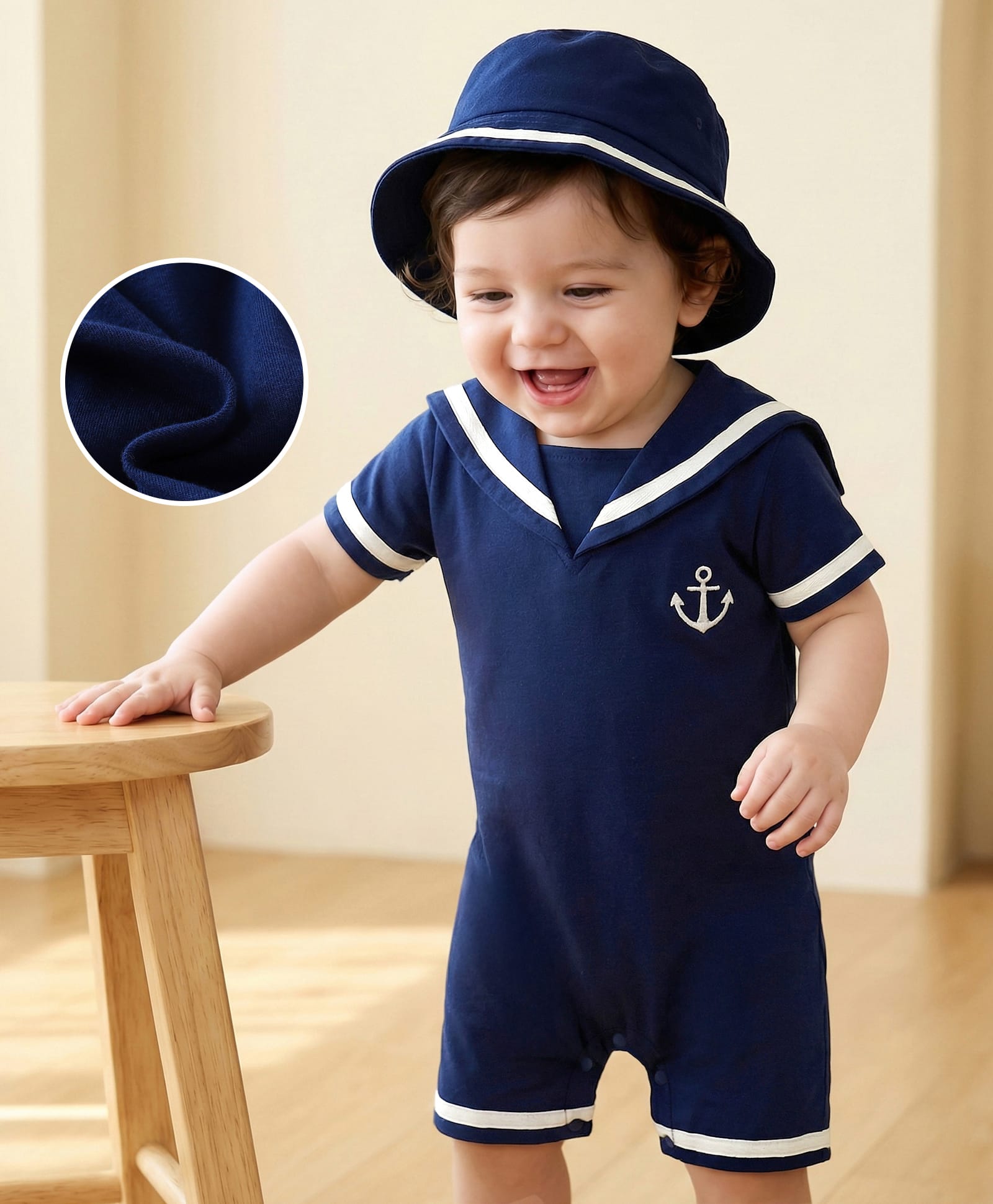 Mark & Mia Half Sleeves Sailor Collar Solid Romper - Navy Blue