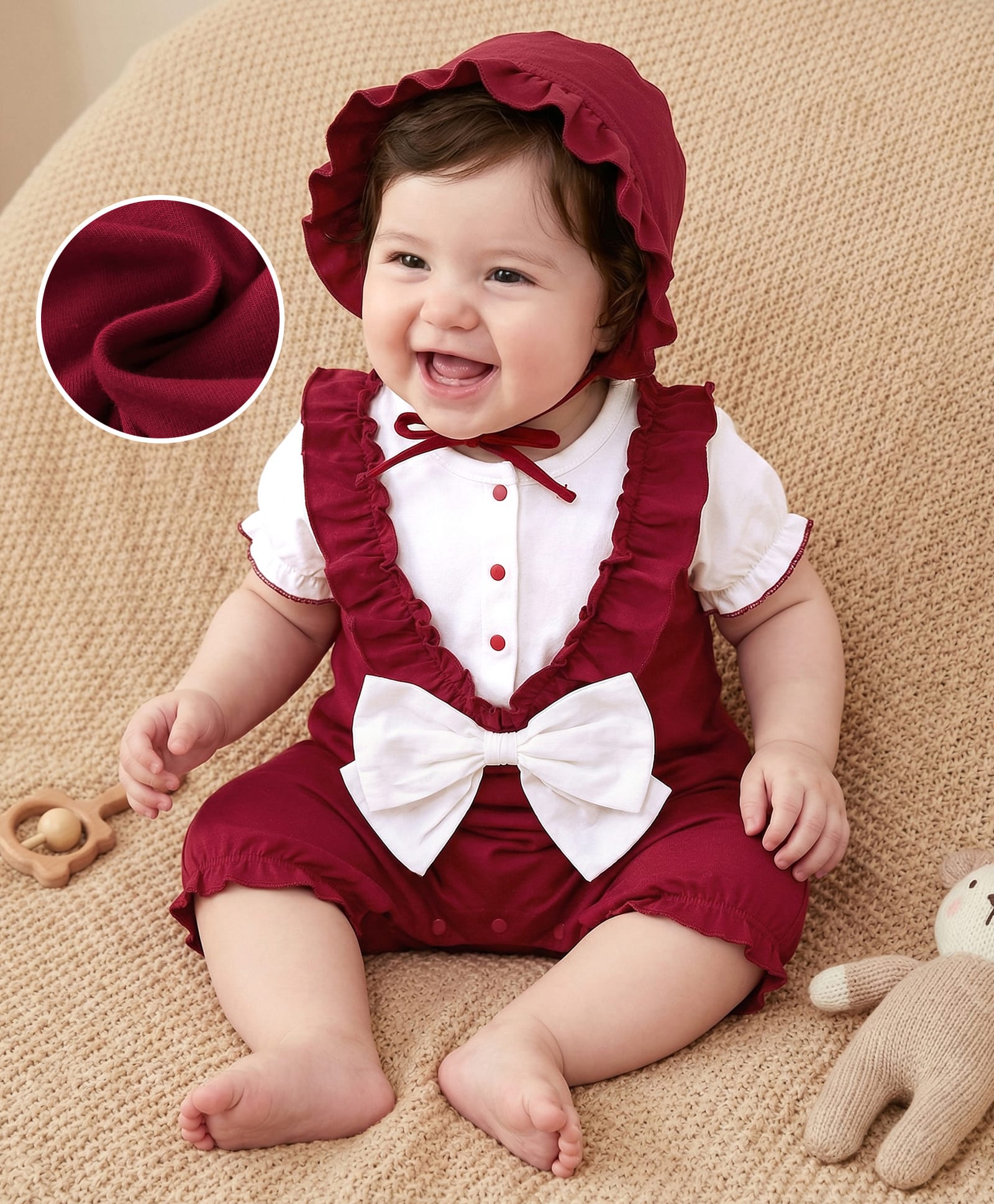 Mark & Mia Half Sleeves Solid Romper With Bow Applique & Cap - Dark Red-image-6