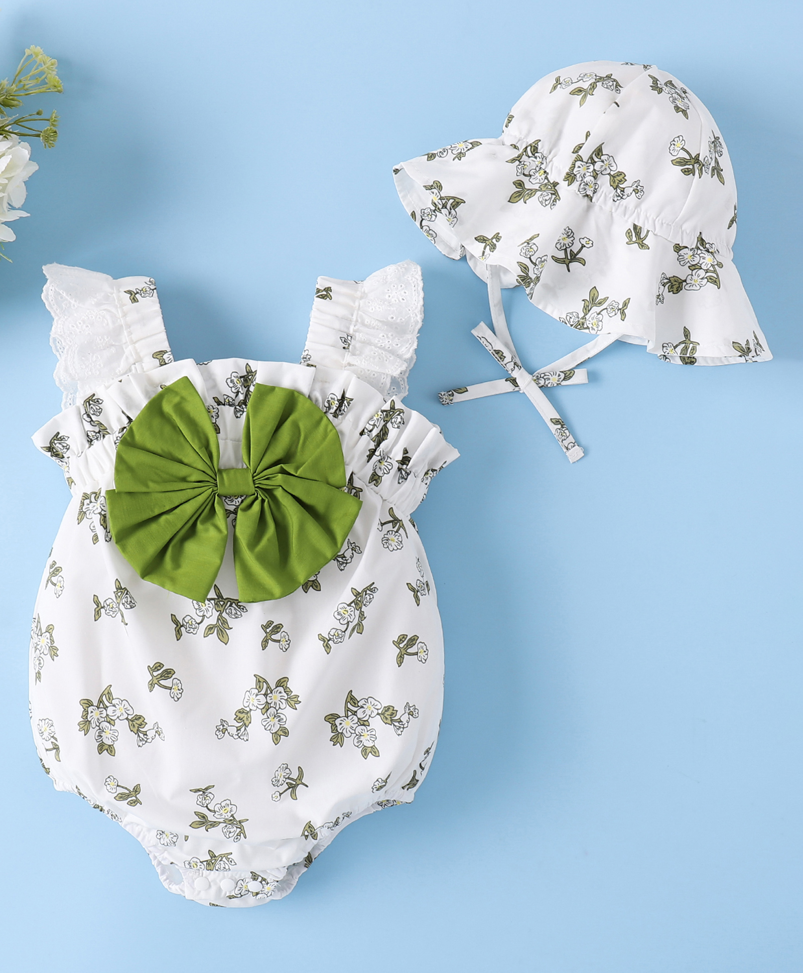 Mark & Mia Frill Sleeves Floral Printed Onesie With Bow Applique & Cap - White-image-40
