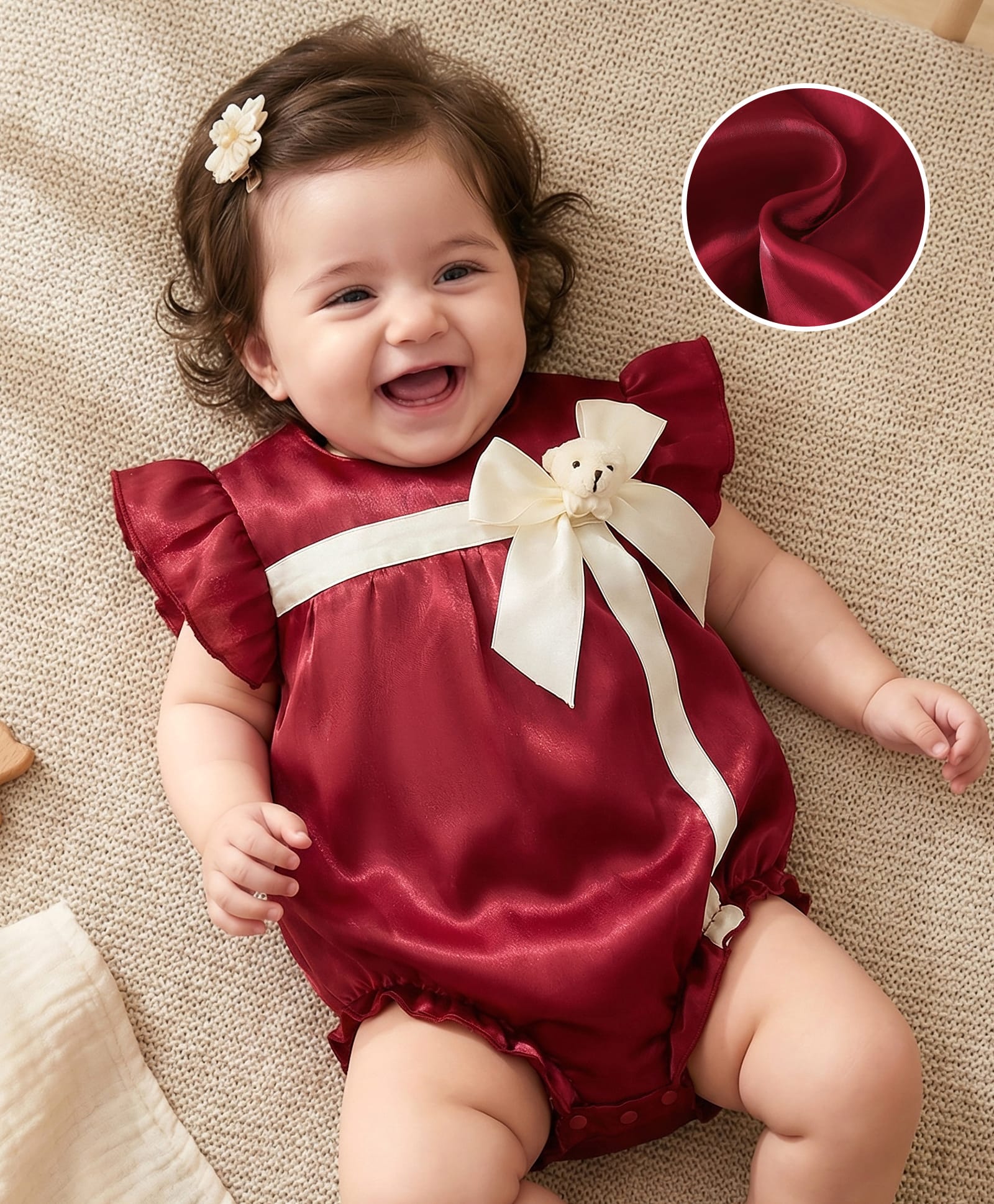 Mark & Mia Frill Sleeves Onesie With Bow Applique - Maroon-image-6