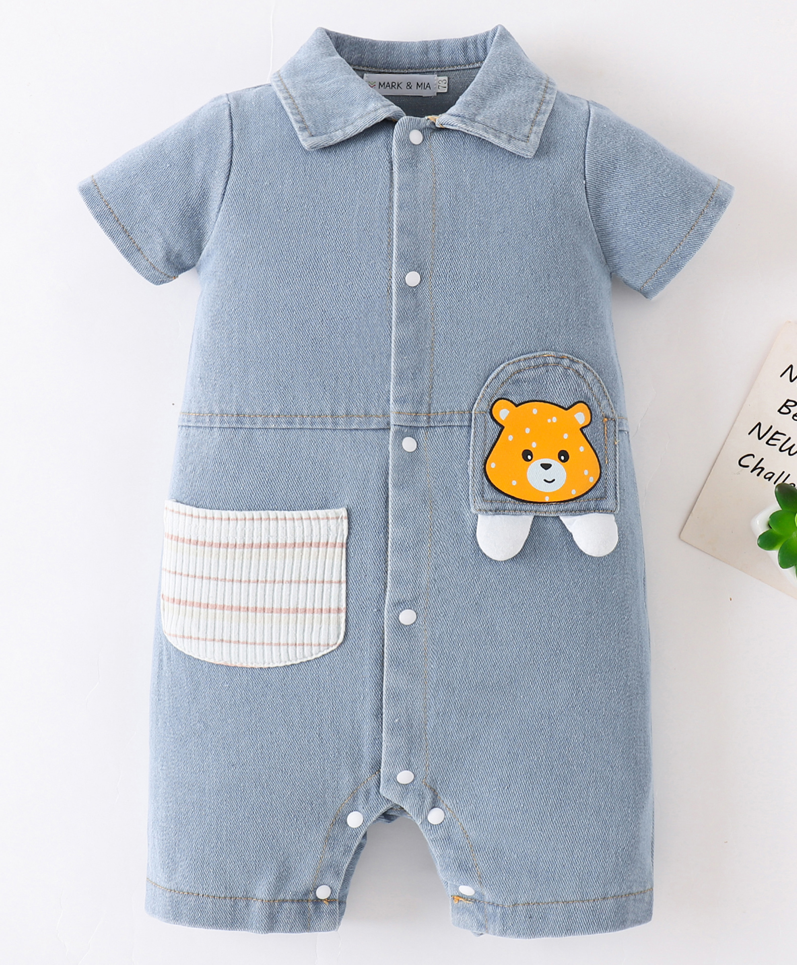 Mark & Mia Half Sleeves Romper With Teddy Bear Patch - Blue