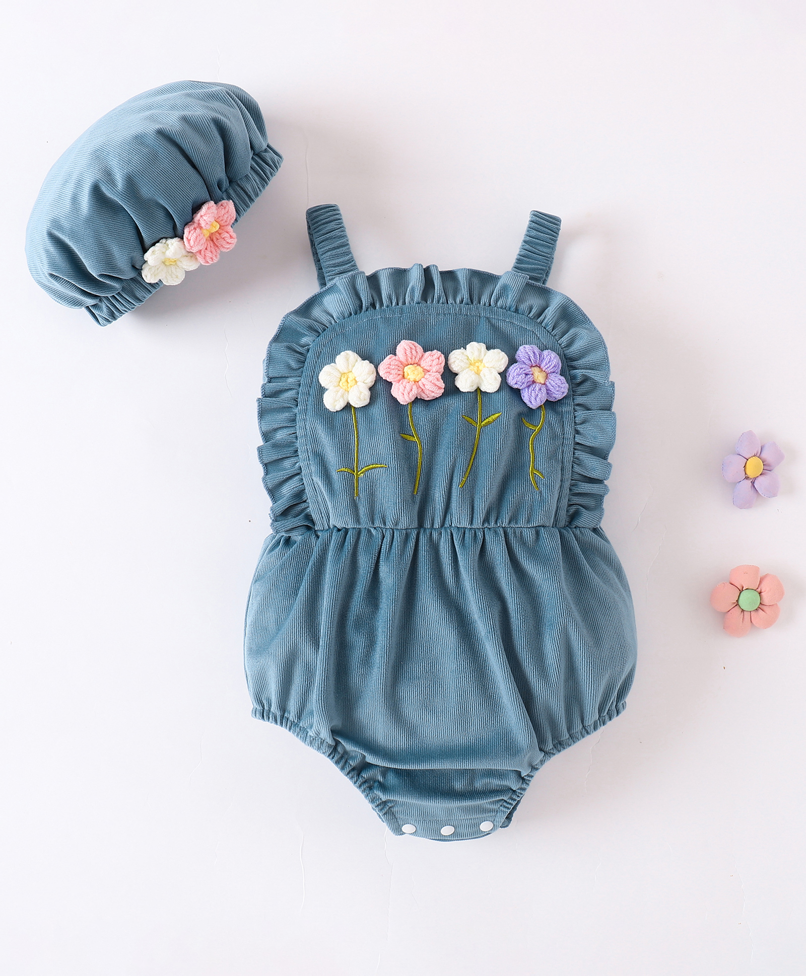 Mark & Mia Sleeveless Onesie With Floral Corsage & Cap - Blue