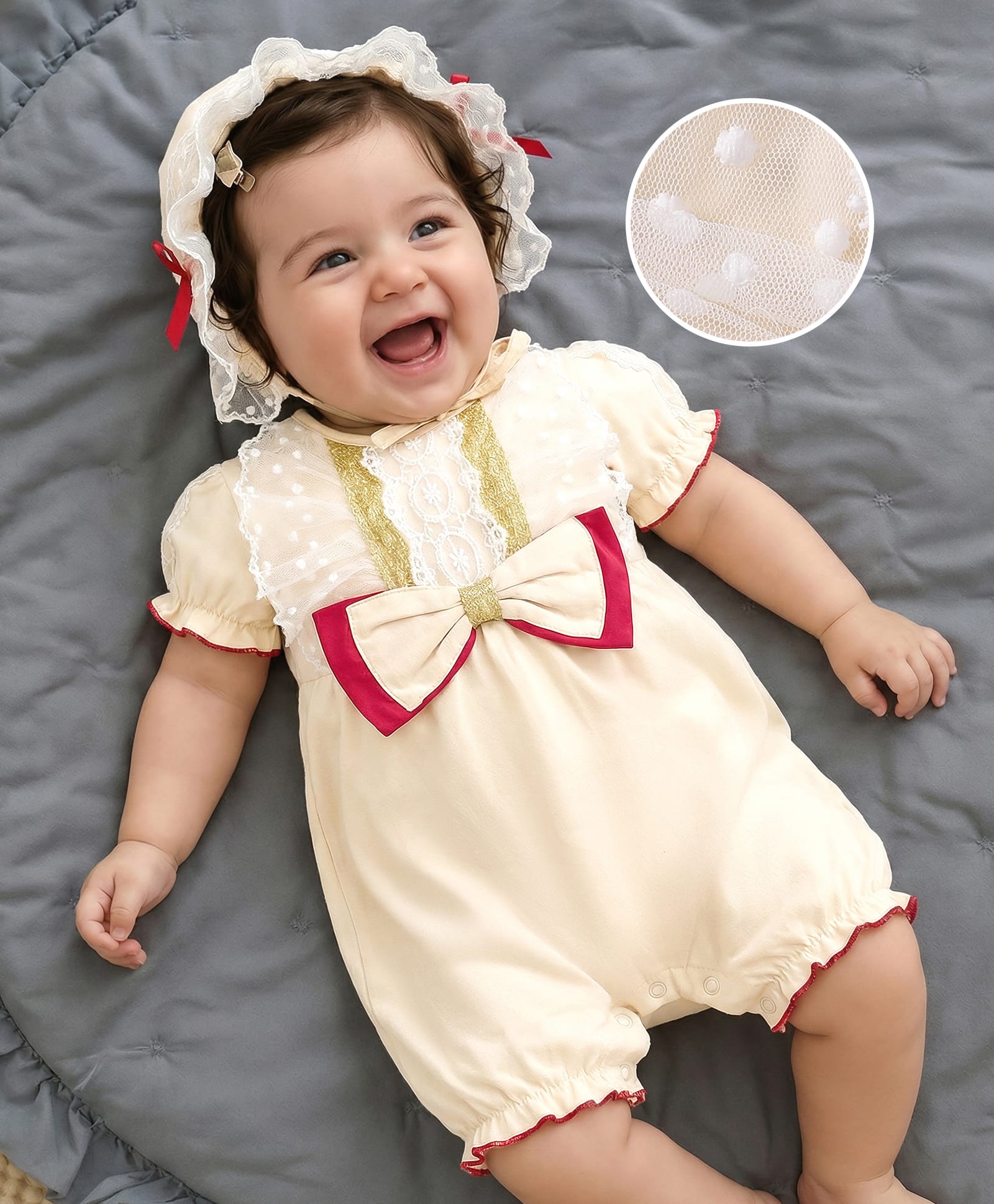 Mark & Mia Half Sleeves Romper With Bow Applique & Cap - Beige-image-46