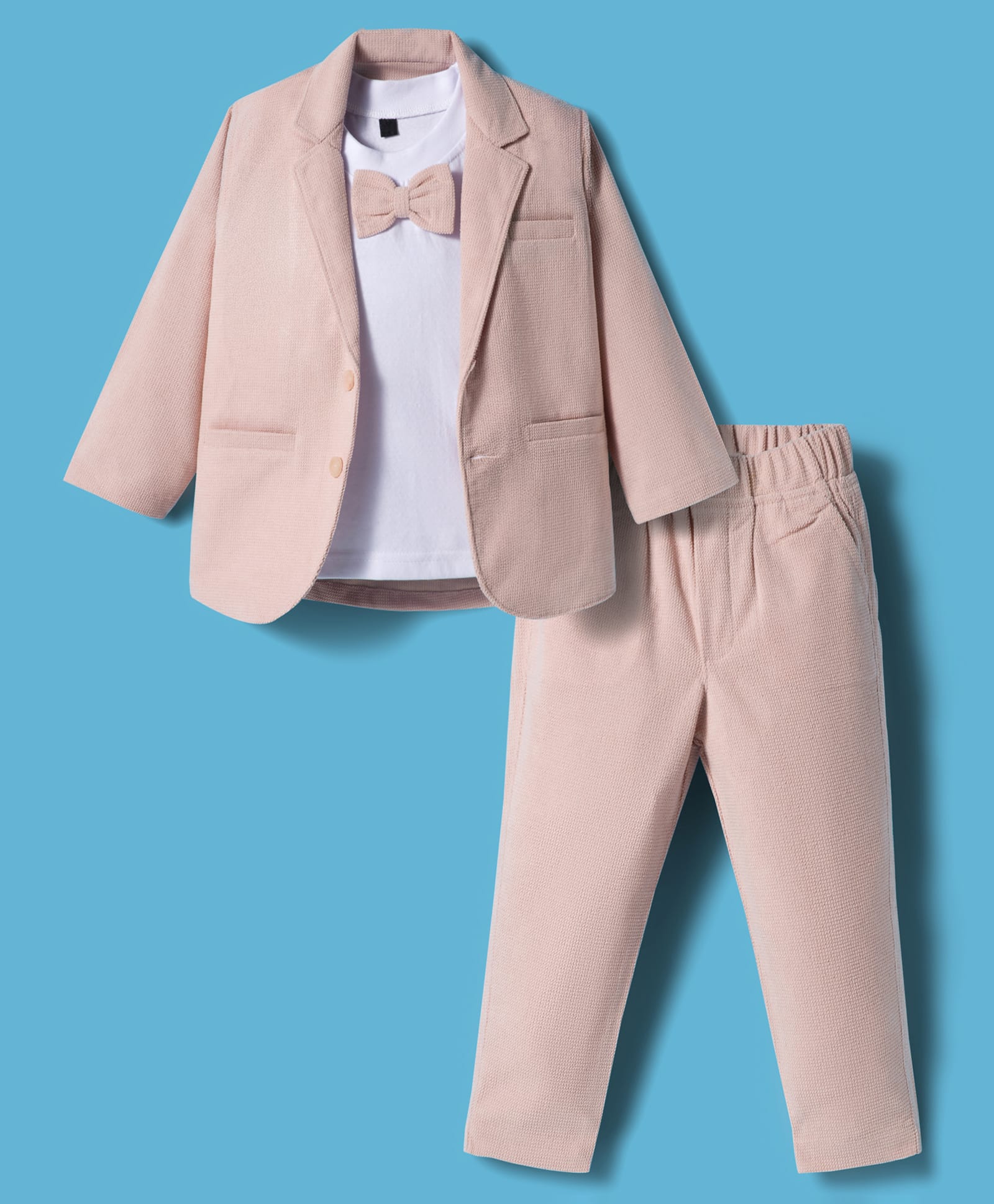 Rikidoos Full Sleeves Solid Blazer & Pant With Bow Attached Tee - Light Peach & White-picture-13