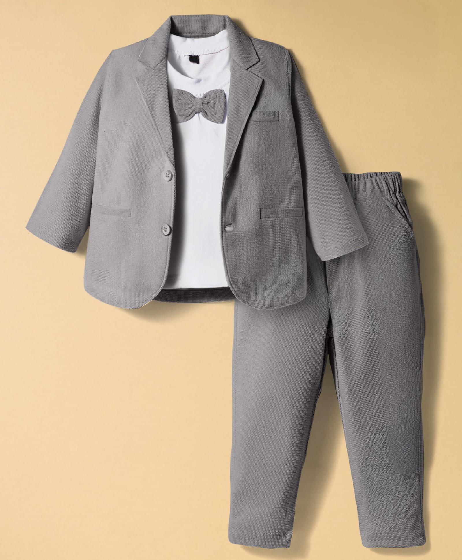 Rikidoos Full Sleeves Solid Blazer & Pant With Bow Attached Tee - Grey & White-picture-10