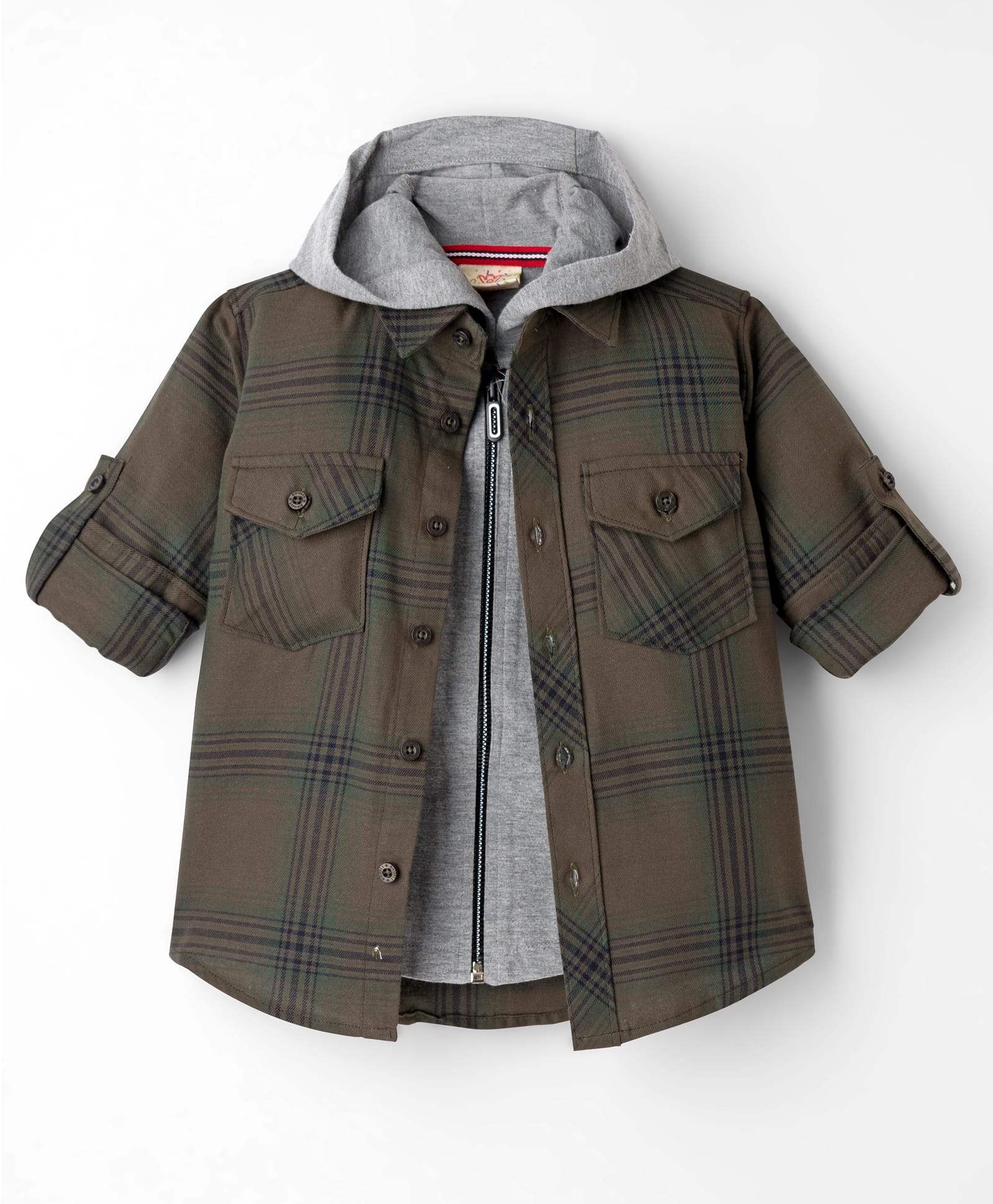 Rikidoos Full Sleeves Checked Shirt With Attached Hooded Tee - Olive & Green-image-25