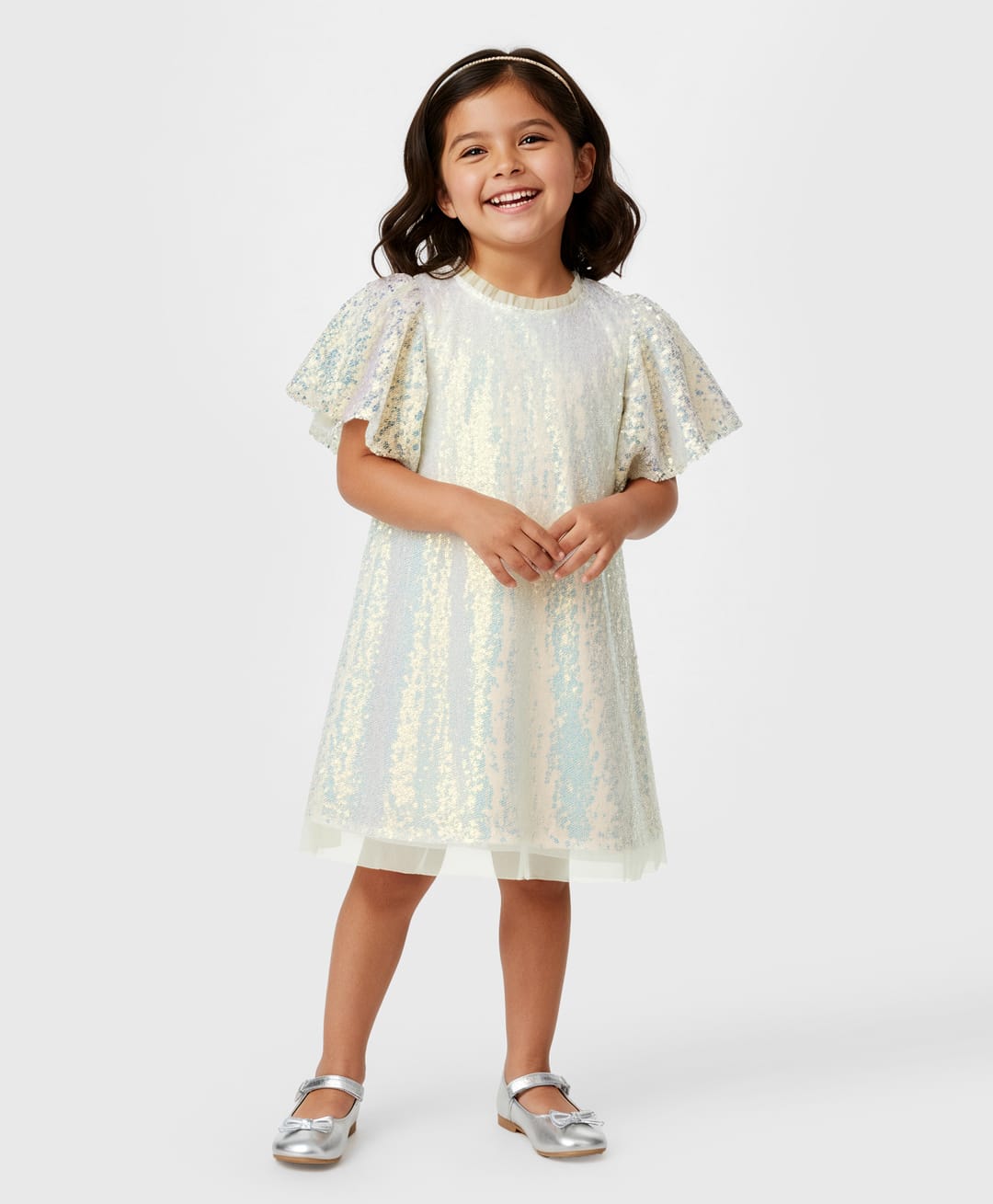 Bonfino Woven Half Ruffle Sleeves Party Dress with Sequin Detailing - White-image-23