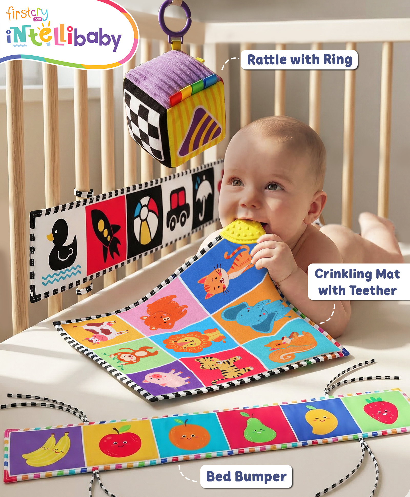 Intellibaby 3-in-1 Baby's First Multi-Sensory Gift Set| Bed Bumper, Cube Rattle with Ring & Crinkling Mat with Teether |Monochrome to Colour Transition |Paediatrician Approved |BIS Certified |Gifting-image-9