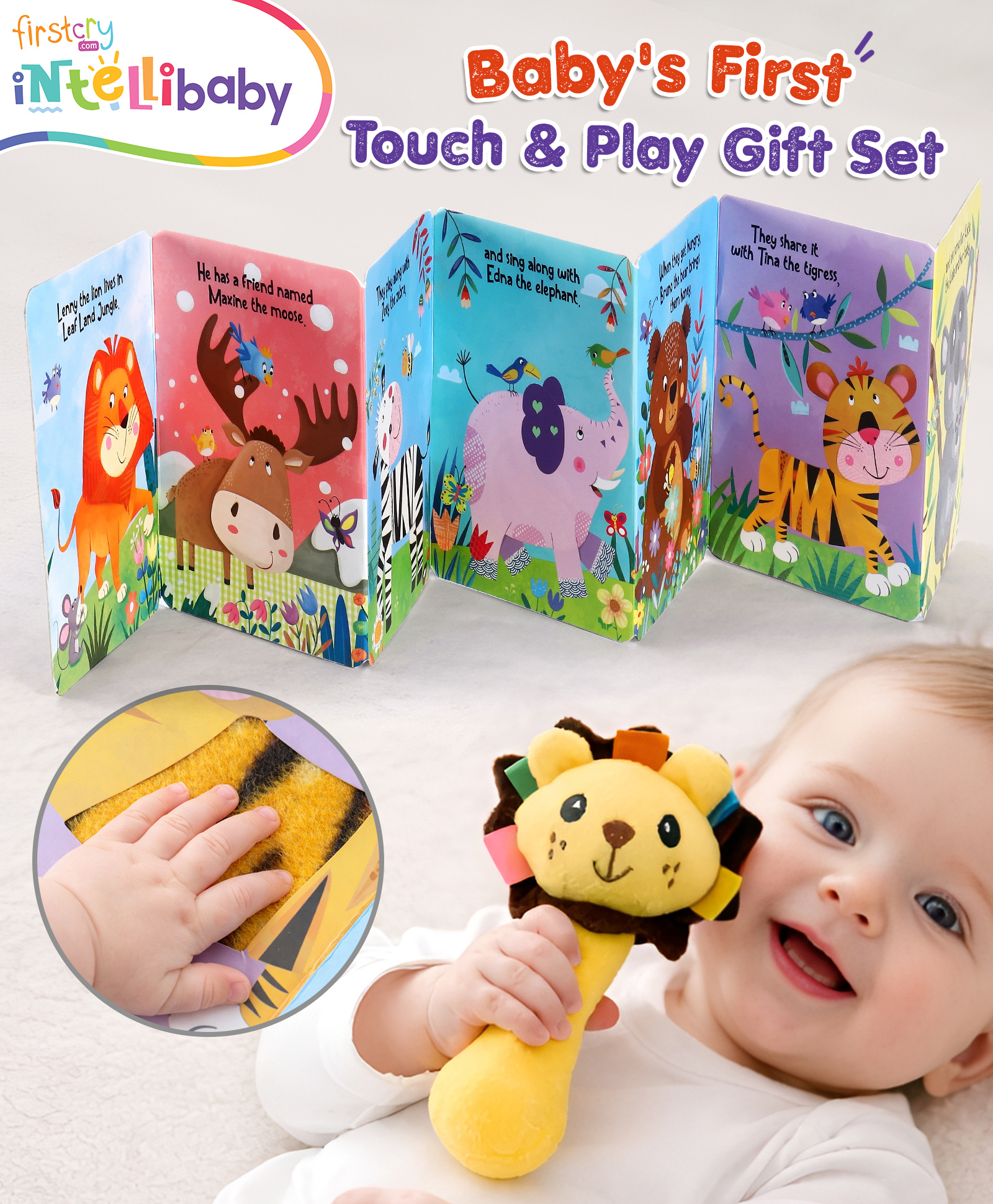 Intellibaby 2-in-1 Baby's First Touch N' Play Gift Set | Handheld Lion Plush Toy Rattle & Touch N' Feel Jungle Animals Zig Zag Book | Textured Sensory Patches | BIS Certified | Ideal For Gifting-image-5