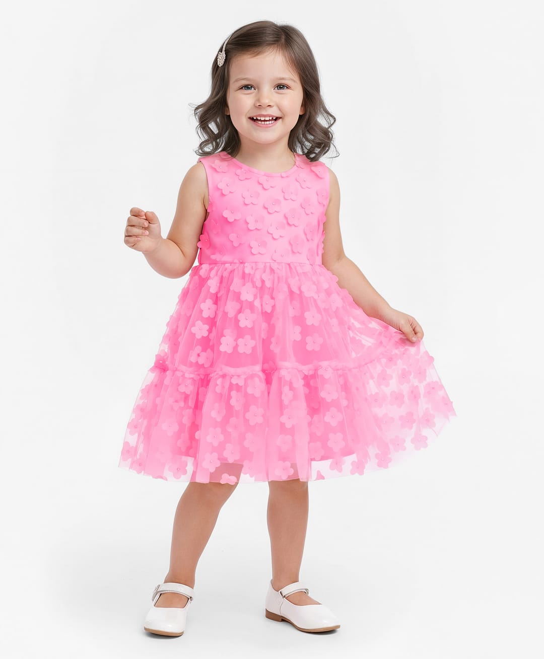 Bonfino Woven Half Flutter Sleeves Party Dress with 3D Flowers Detailing - Pink-picture-0