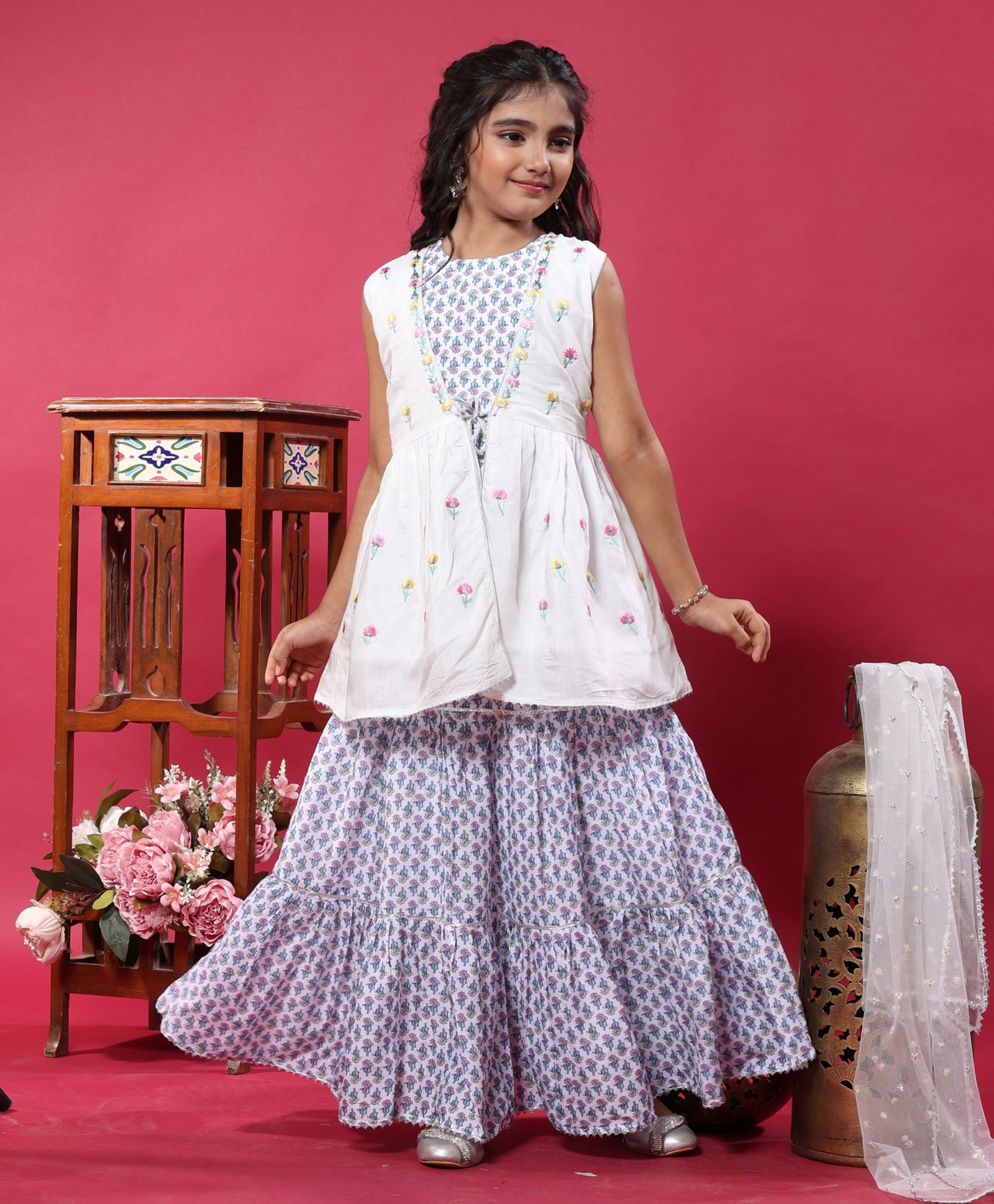 MASTARANG Cambric Woven Sleeveless Floral Embroidered & Printed Lehenga Choli With Dupatta & Shrug Set - White-image-41