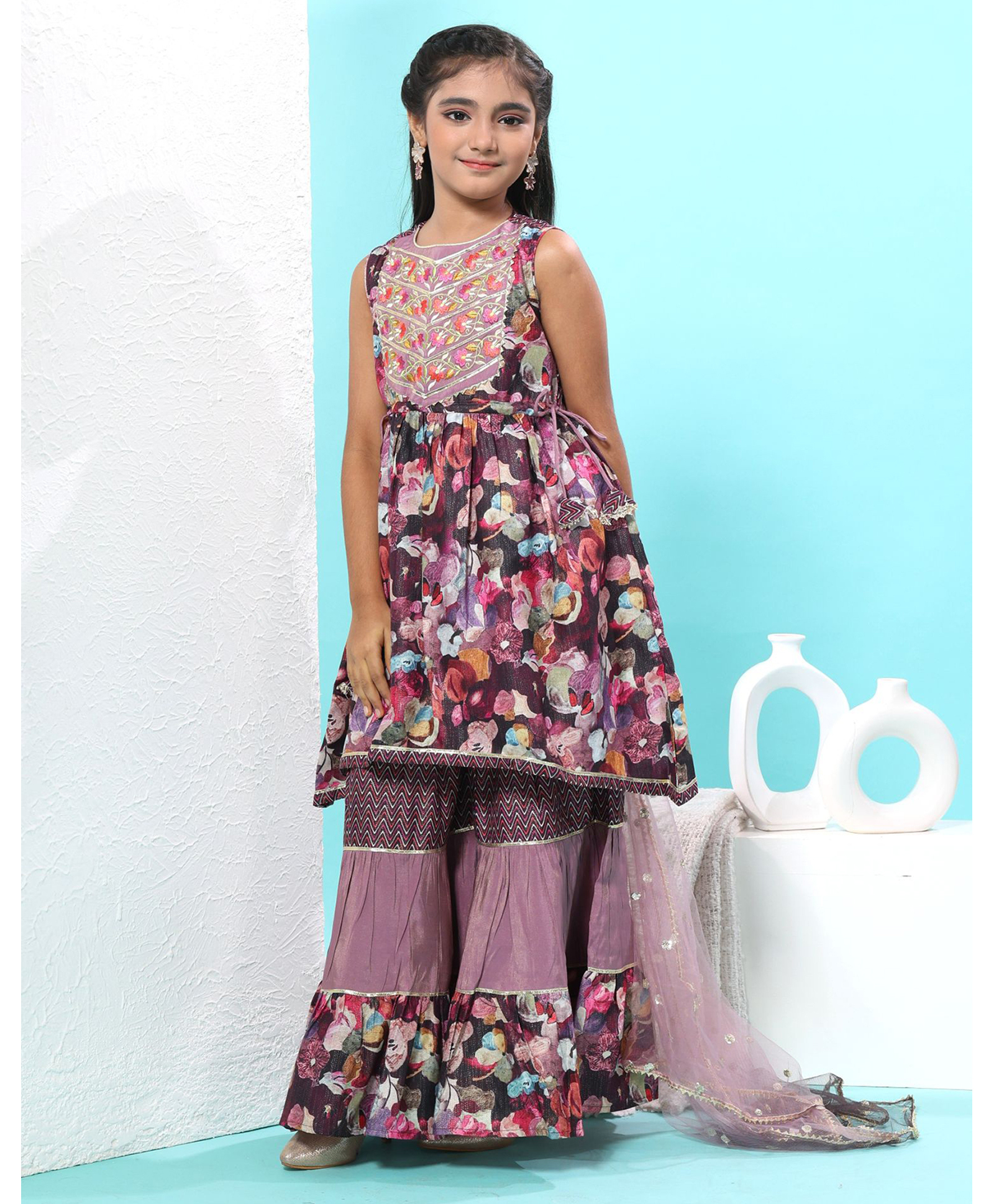MASTARANG Blended Woven Sleeveless Floral Embroidered & Printed Kurti Sharara With Dupatta Set - Wine-picture-10