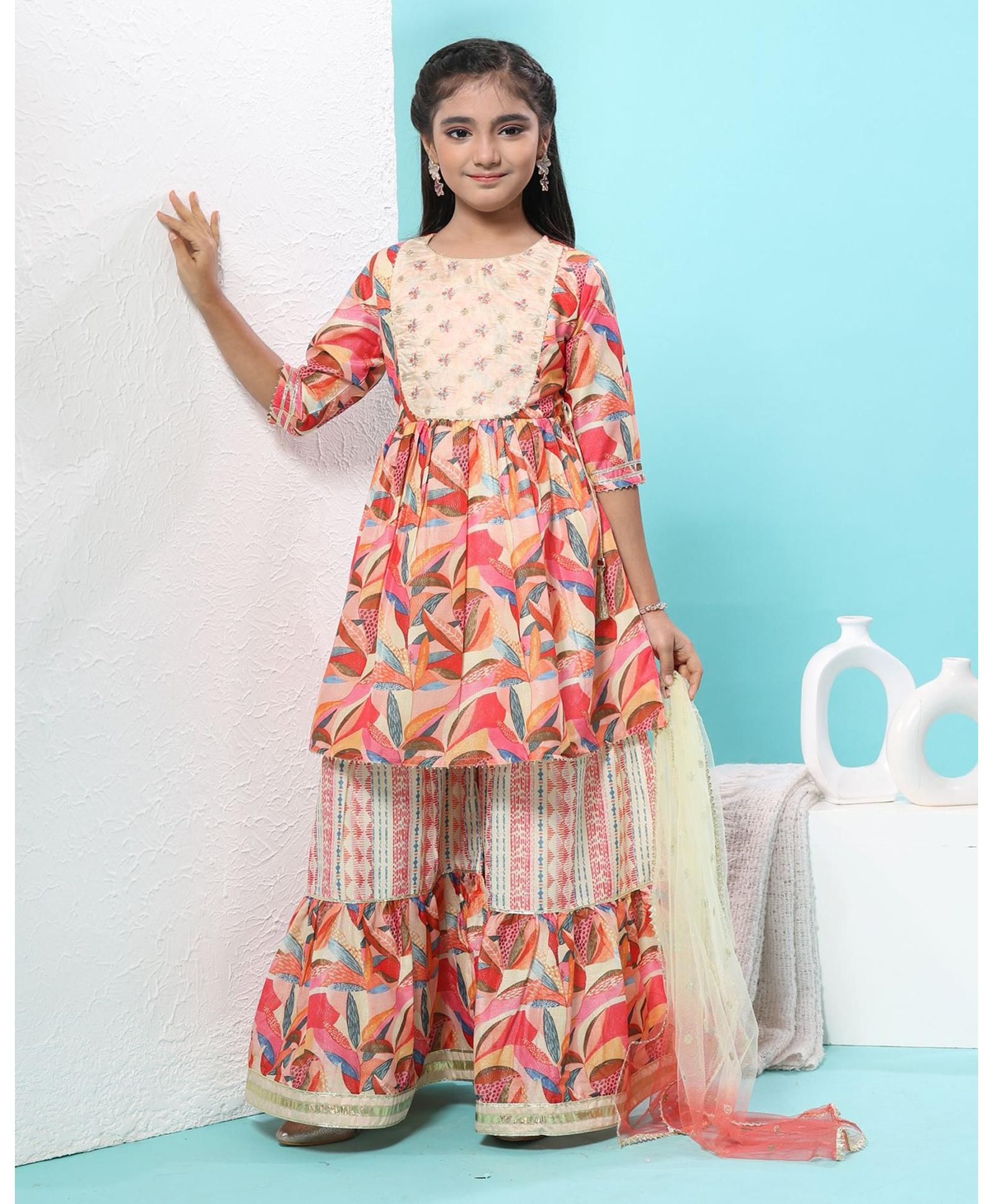 MASTARANG Blended Woven Three Fourth Sleeves Floral Embroidered & Printed Kurti Sharara With Dupatta Set - Multi Colour-picture-17