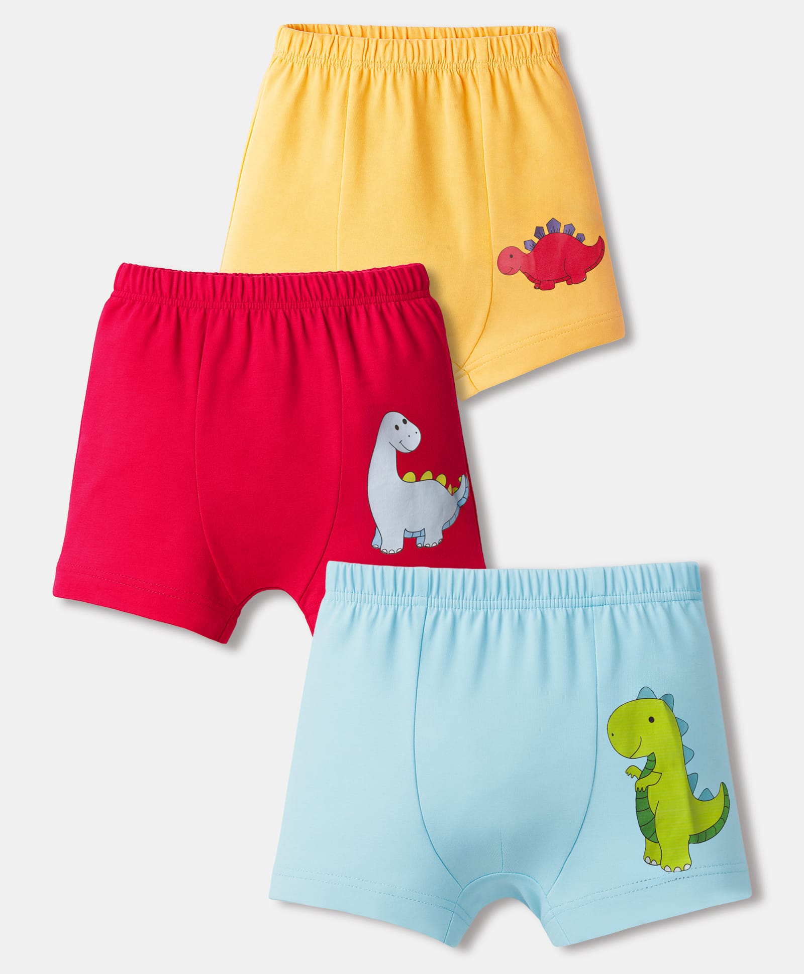 Doodle Poodle 100% Cotton Knit Printed Trunks with Dino Print Pack of 3 - Yellow Blue & Red-image-2