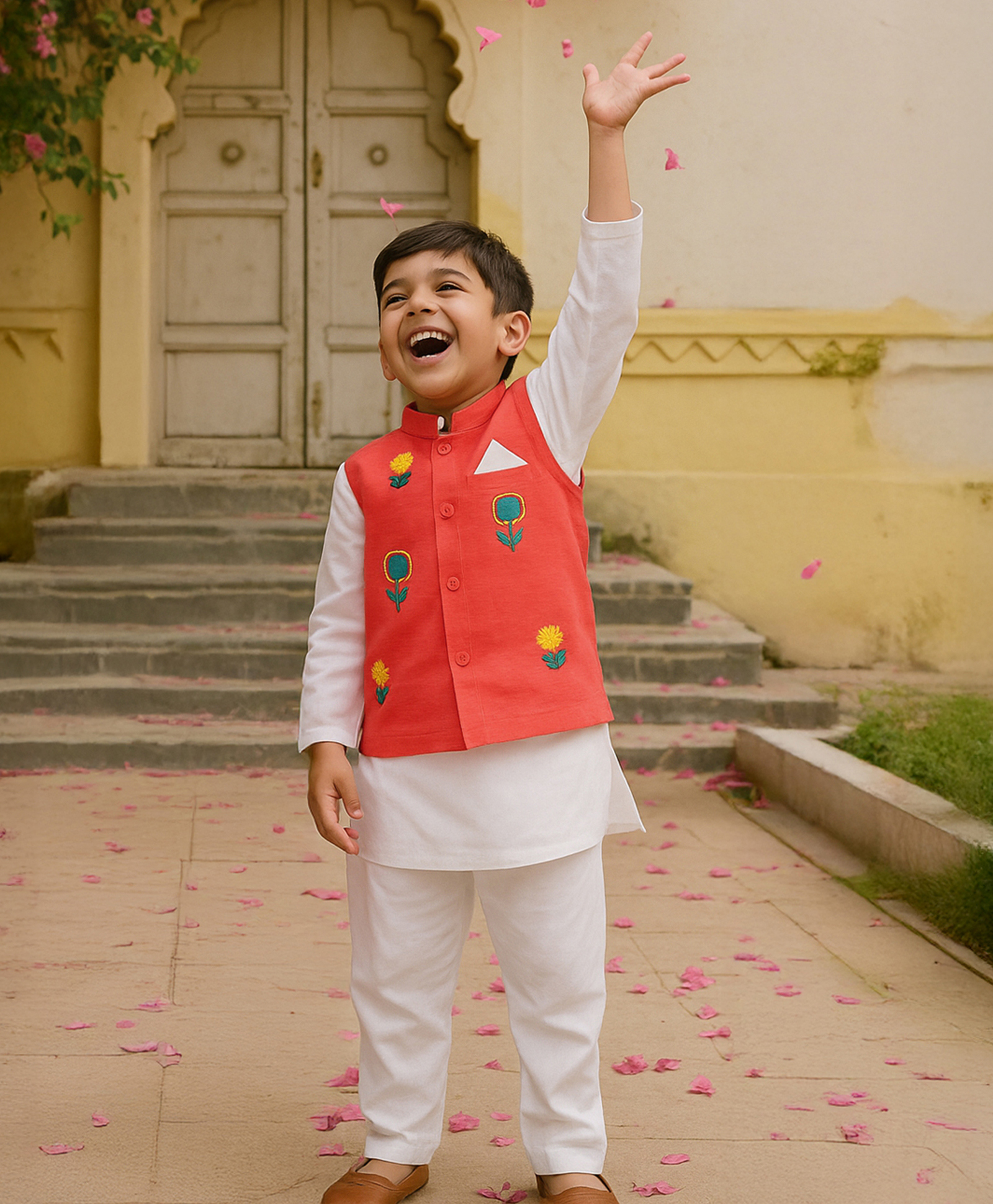Somersault Cotton Woven Full Sleeves Solid Kurta Pyjama Set With Floral Embroidered Jacket - Offwhite-image-12